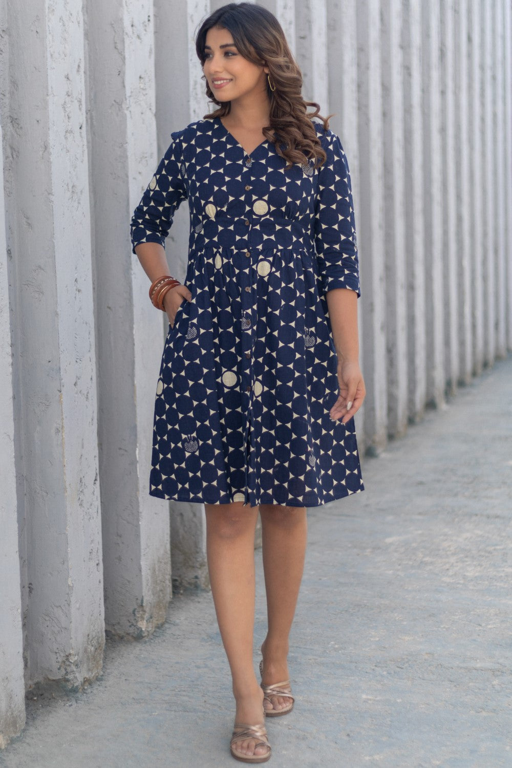 Starry Night' Hand Block Printed Cotton Dress BLUE