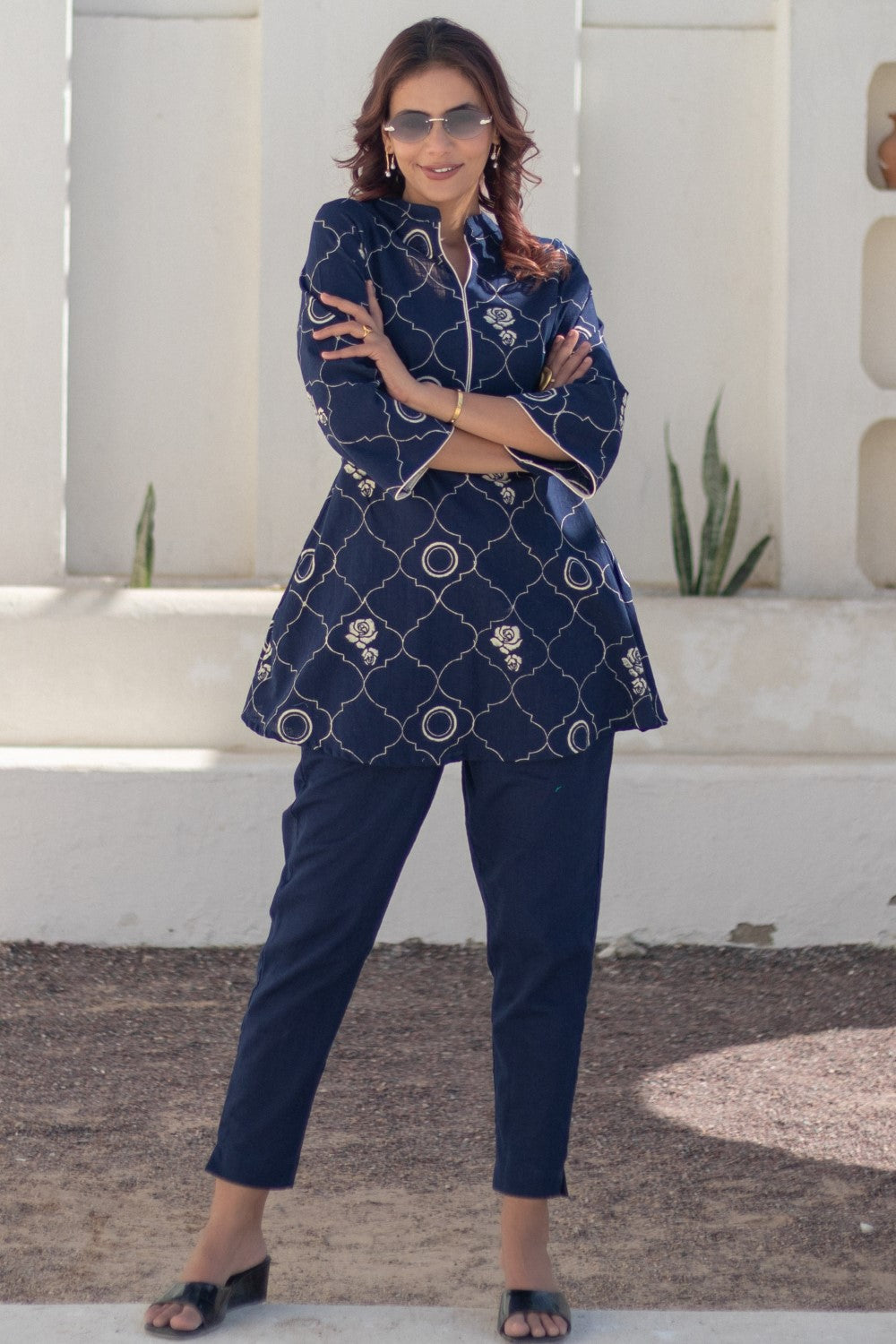 Rose Tapestry Blue' Hand Block Printed Cotton Dress