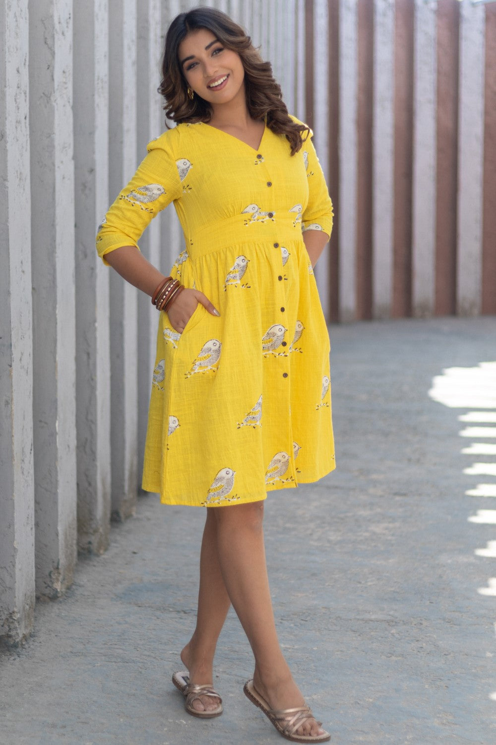 Sunlit Sparrow' Hand Block Printed Cotton Dress