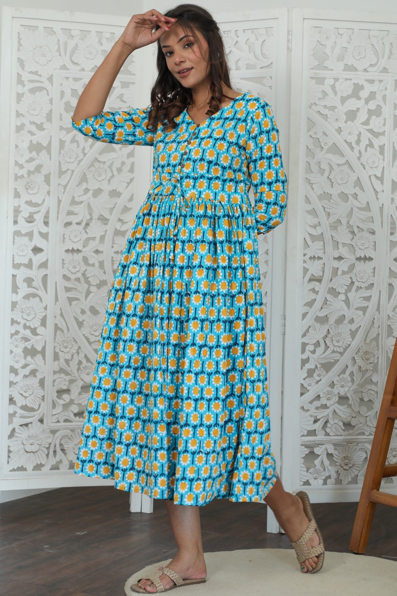 Sootisyahi ' Elysian ' Azofree Handblock Printed Pure Cotton Dress