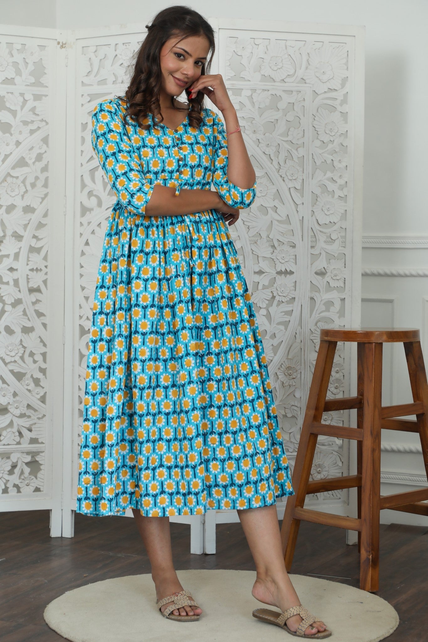 Sootisyahi ' Elysian ' Azofree Handblock Printed Pure Cotton Dress
