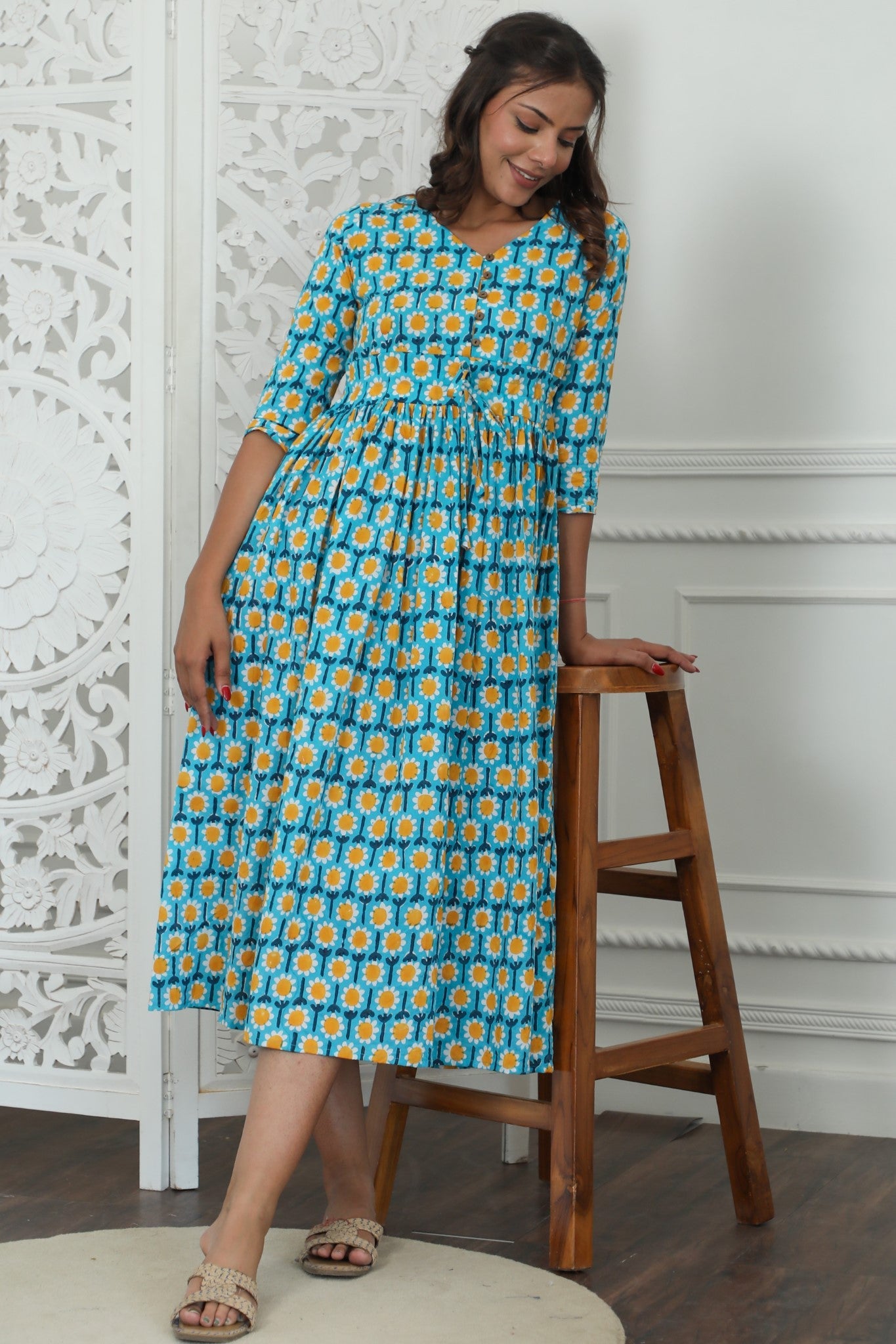 Sootisyahi ' Elysian ' Azofree Handblock Printed Pure Cotton Dress