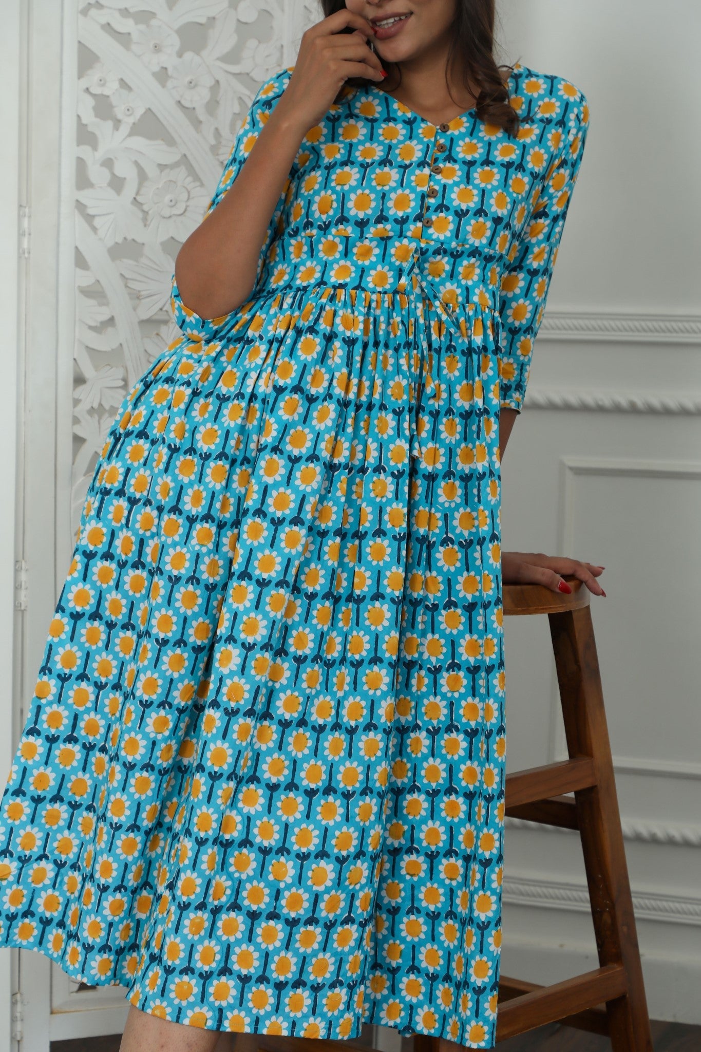 Sootisyahi ' Elysian ' Azofree Handblock Printed Pure Cotton Dress