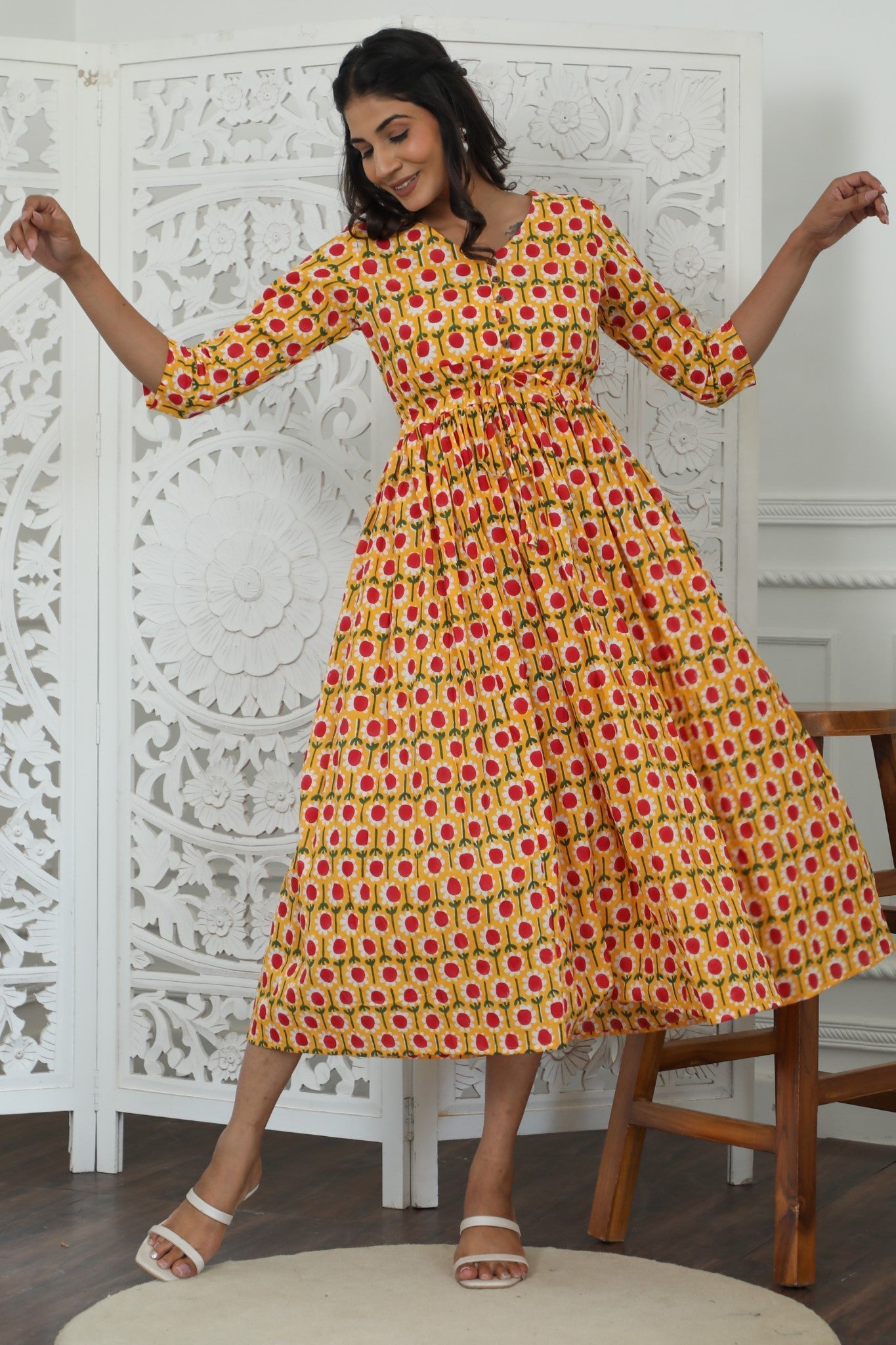 Sootisyahi ' Aurora ' Azofree Handblock Printed Pure Cotton Dress