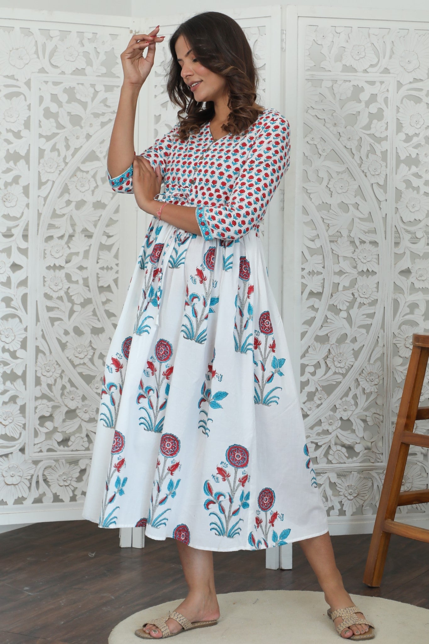 Sootisyahi ' Bloomix ' Azofree Handblock Printed Pure Cotton Dress