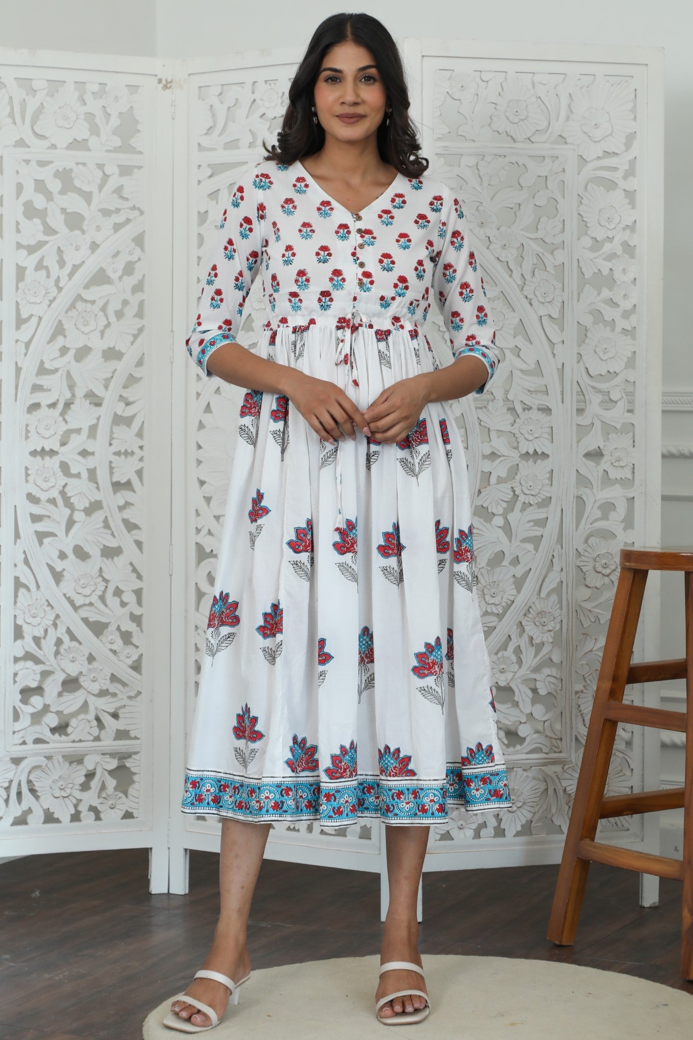 Sootisyahi ' Celeste ' Azofree Handblock Printed Pure Cotton Dress