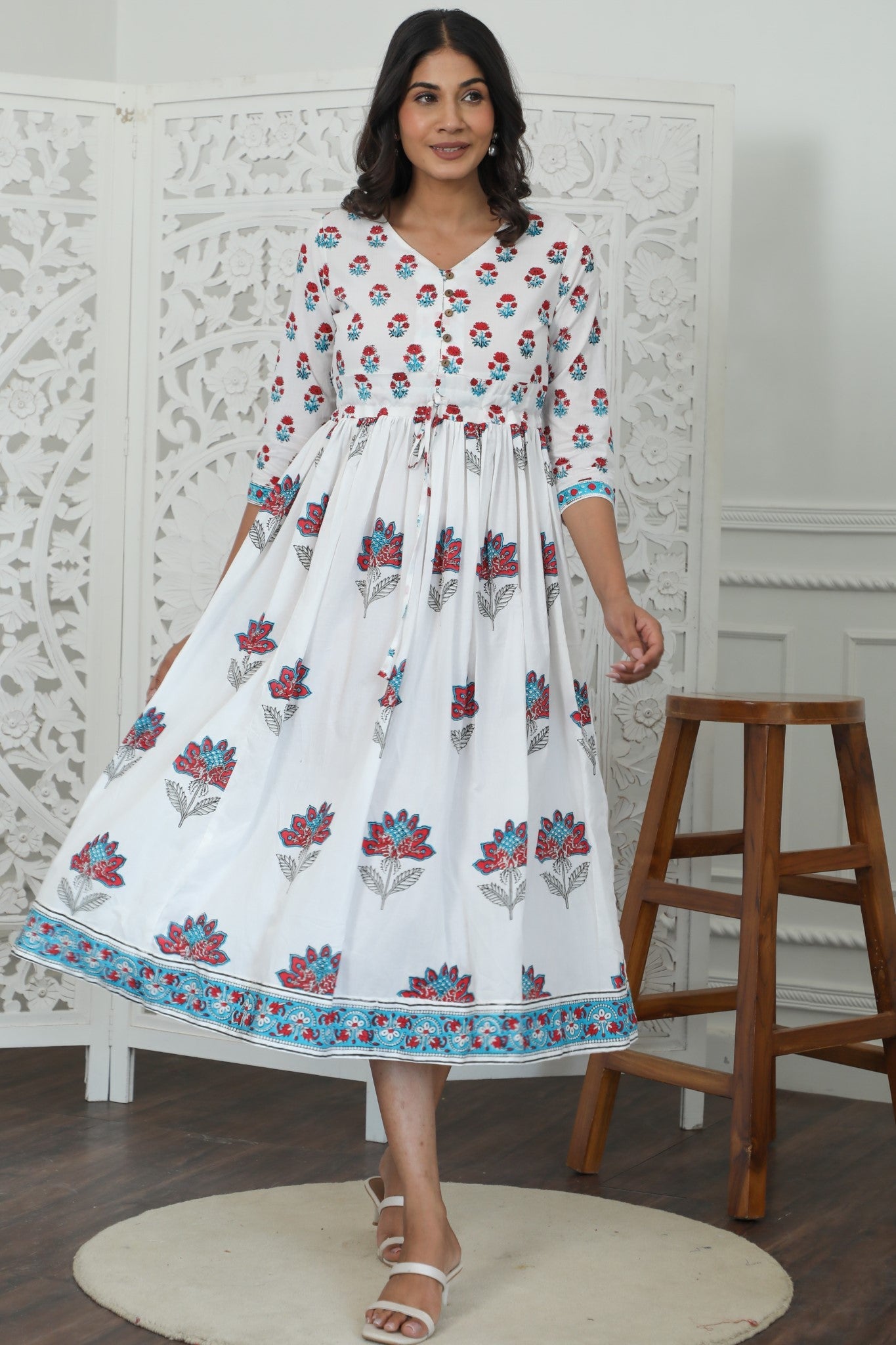 Sootisyahi ' Celeste ' Azofree Handblock Printed Pure Cotton Dress