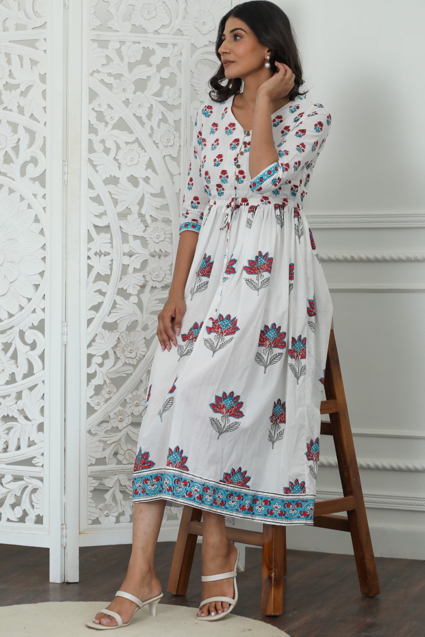 Sootisyahi ' Celeste ' Azofree Handblock Printed Pure Cotton Dress
