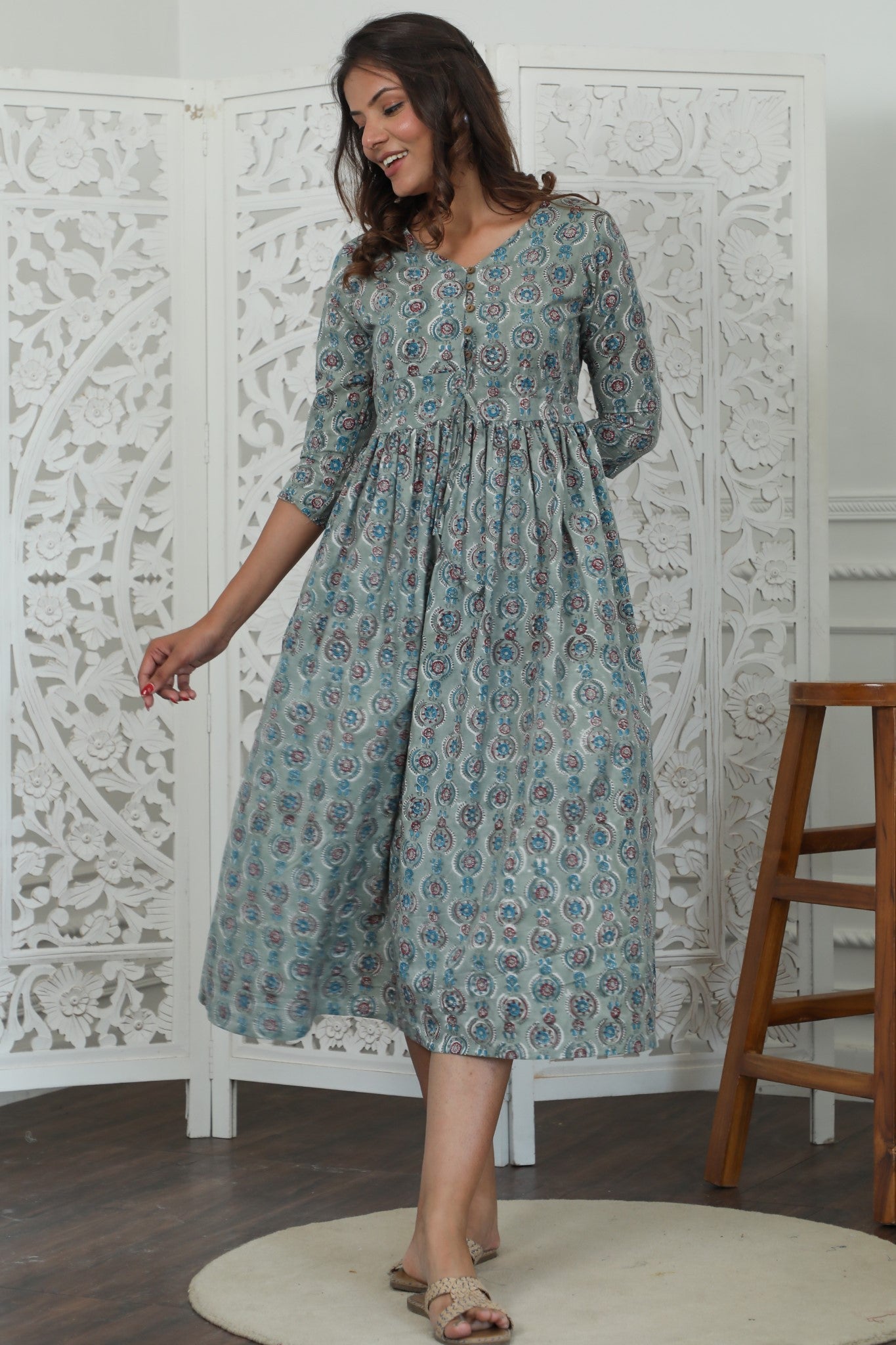 Sootisyahi 'Daphne ' Azofree Handblock Printed Pure Cotton Dress