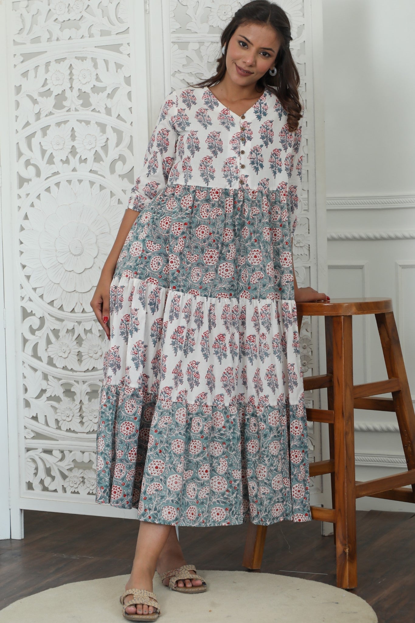 Sootisyahi ' Garden Glory ' Azofree Handblock Printed Pure Cotton Dress