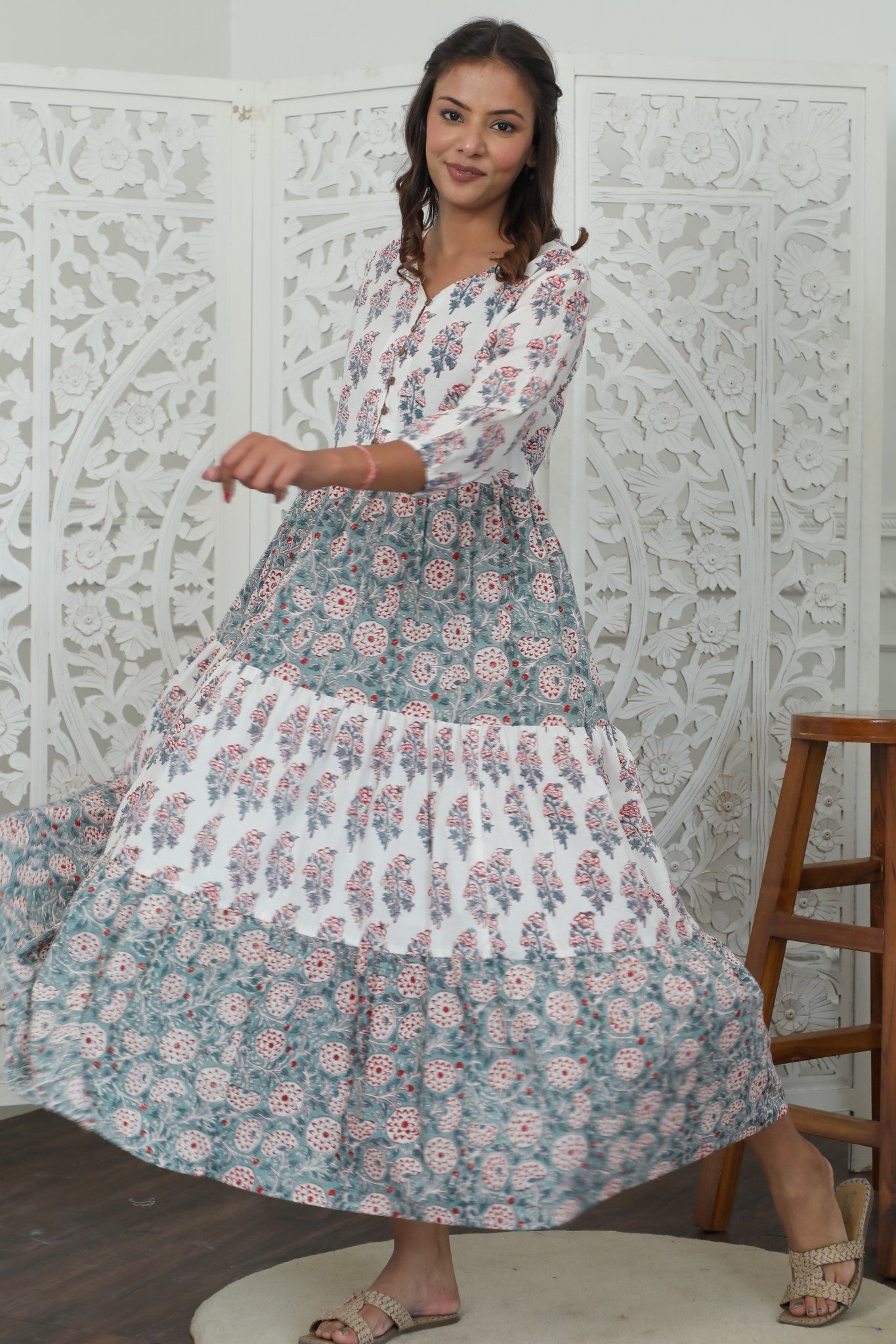 Sootisyahi ' Garden Glory ' Azofree Handblock Printed Pure Cotton Dress