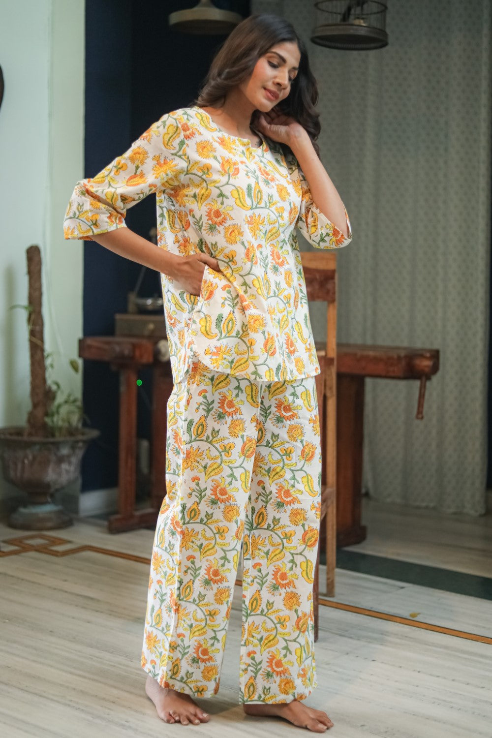 Sootisyahi ' Bright Bloom' Handblock Printed Pure Cotton Night Suit