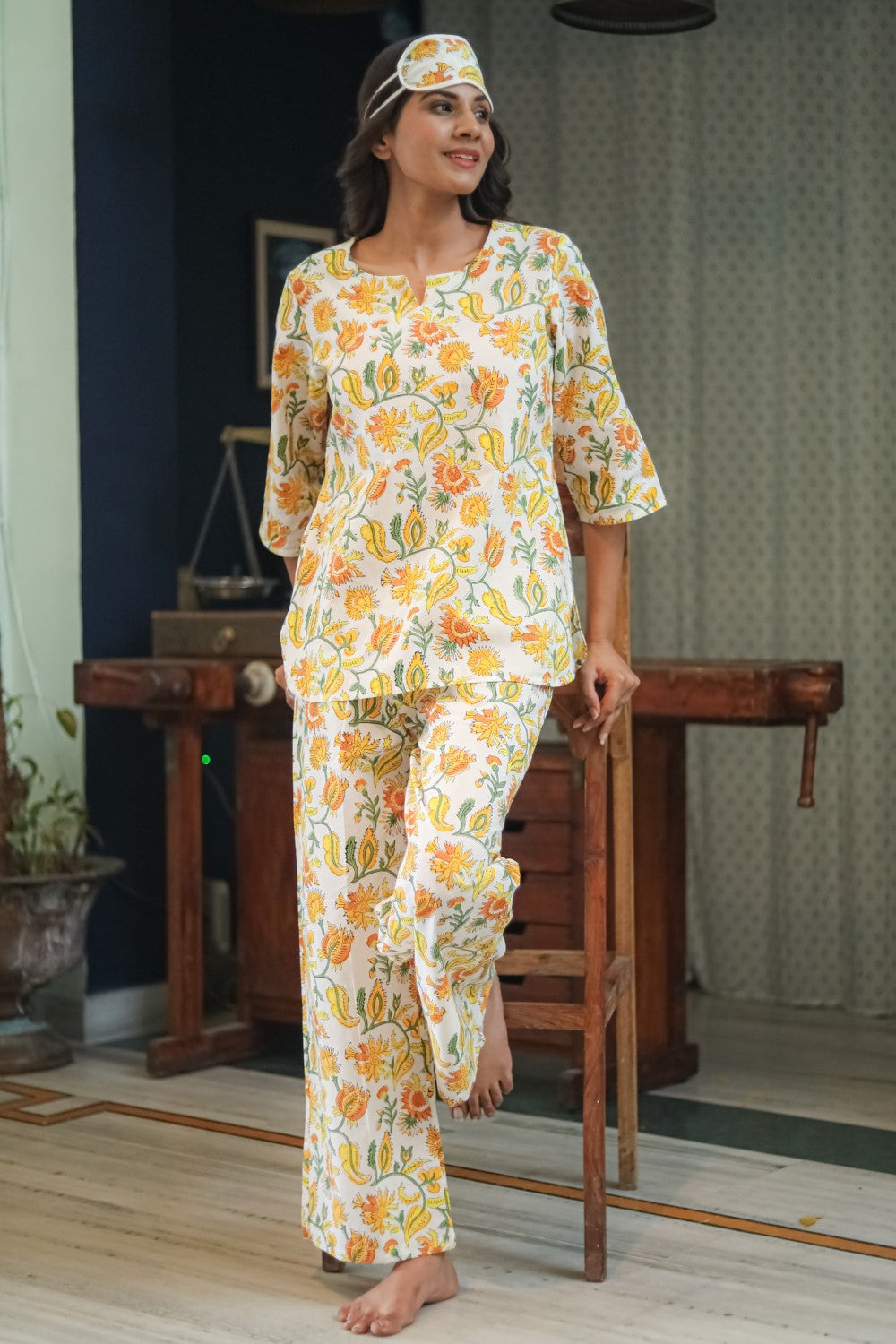 Sootisyahi ' Bright Bloom' Handblock Printed Pure Cotton Night Suit