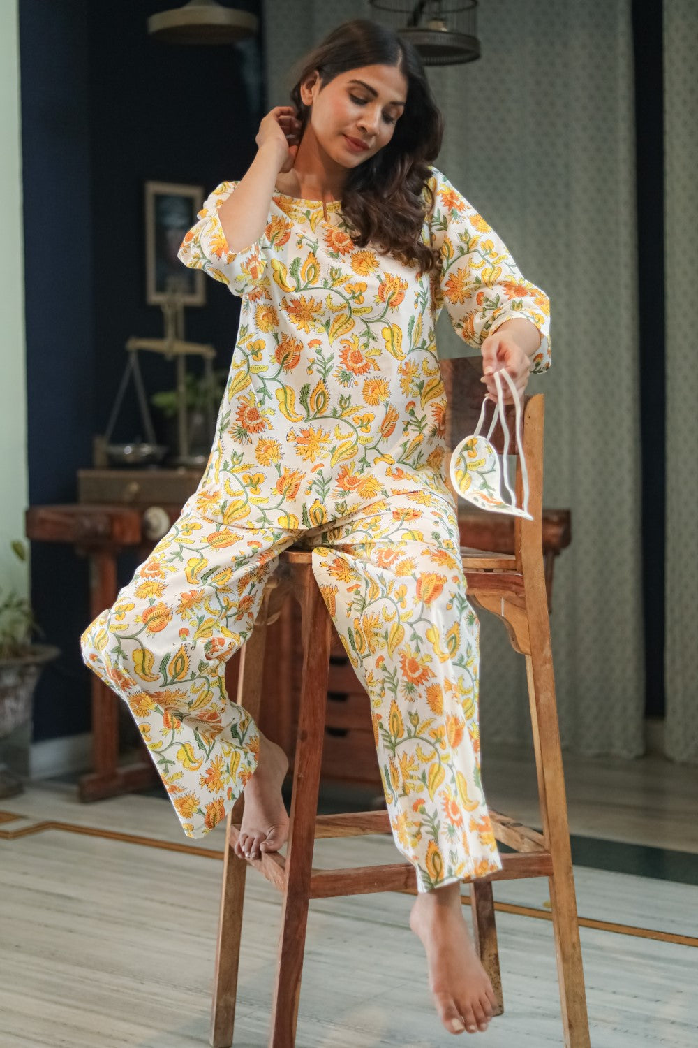 Sootisyahi ' Bright Bloom' Handblock Printed Pure Cotton Night Suit