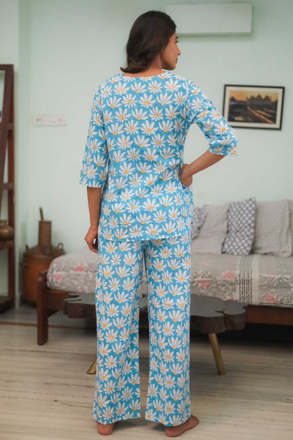 Sootisyahi 'Floral Blue' Handblock Printed Pure Cotton Night Suit
