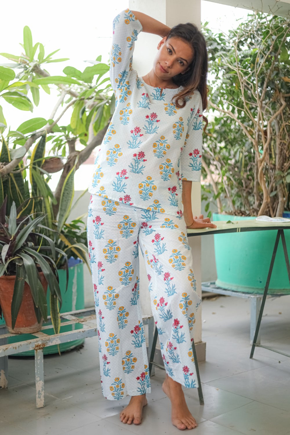 Sootisyahi 'Floral Breeze' Handblock Printed Pure Cotton Night Suit