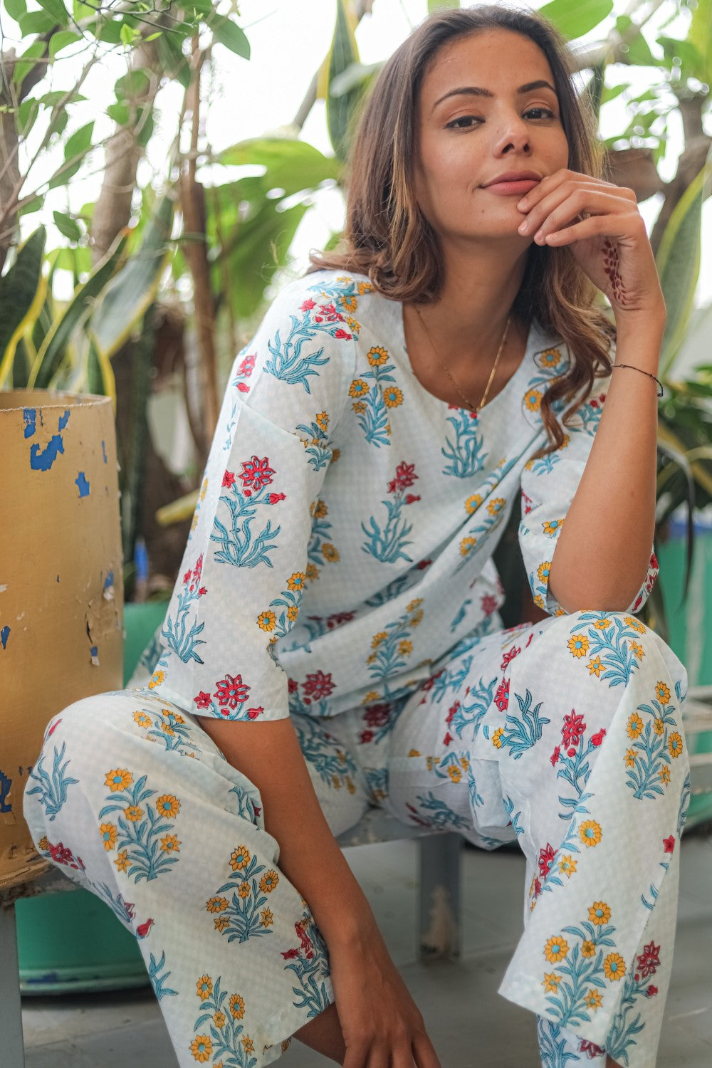 Sootisyahi 'Floral Breeze' Handblock Printed Pure Cotton Night Suit
