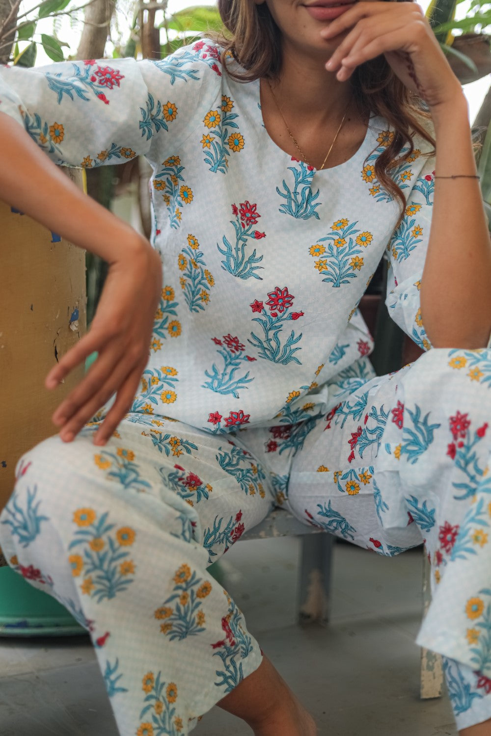 Sootisyahi 'Floral Breeze' Handblock Printed Pure Cotton Night Suit