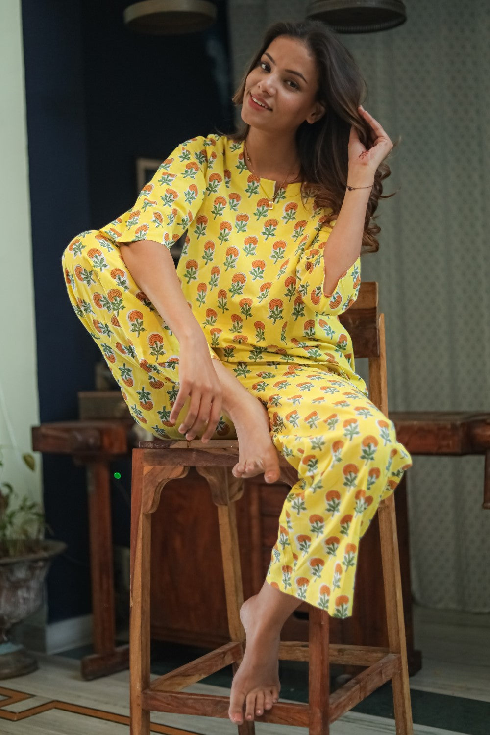Sootisyahi 'Marigold Bliss' Handblock Printed Pure Cotton Night Suit