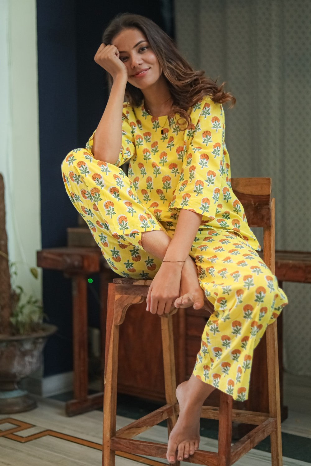Sootisyahi 'Marigold Bliss' Handblock Printed Pure Cotton Night Suit