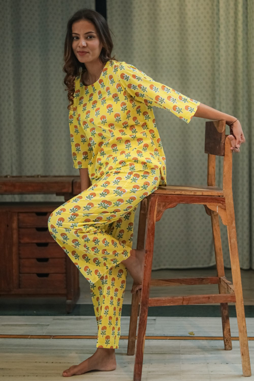 Sootisyahi 'Marigold Bliss' Handblock Printed Pure Cotton Night Suit