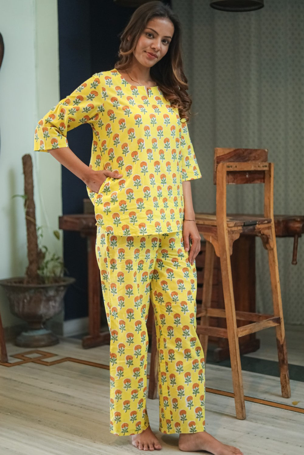 Sootisyahi 'Marigold Bliss' Handblock Printed Pure Cotton Night Suit