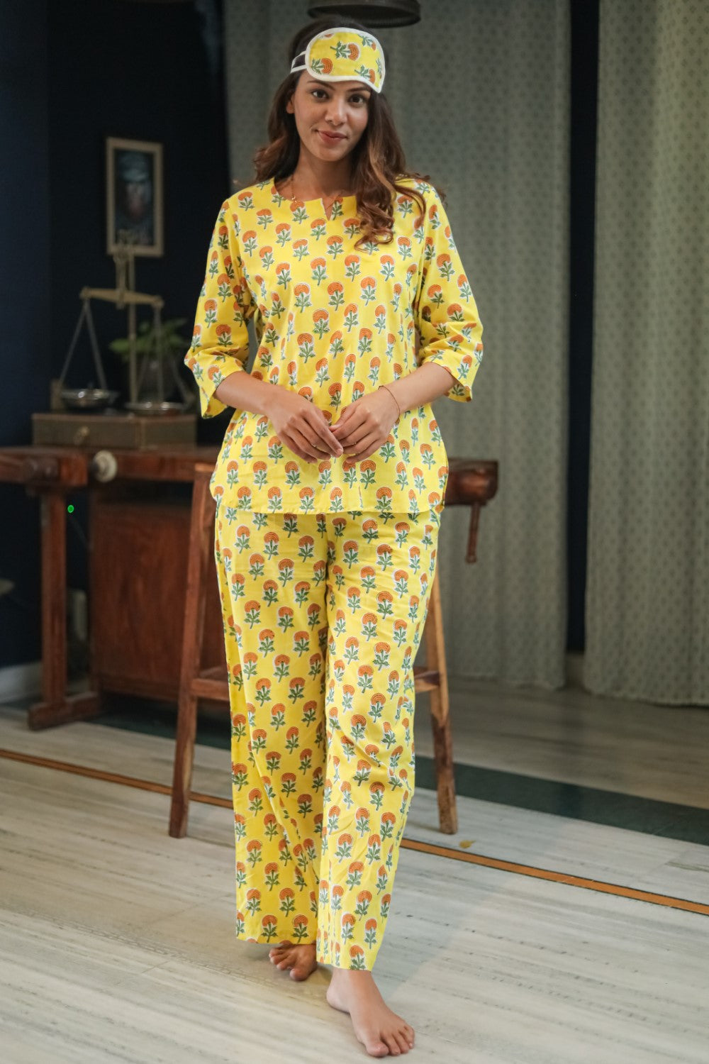 Sootisyahi 'Marigold Bliss' Handblock Printed Pure Cotton Night Suit