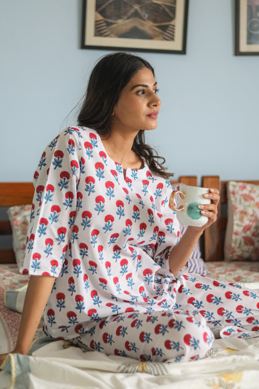 Sootisyahi 'Marigold Mirage' Handblock Printed Pure Cotton Night Suit