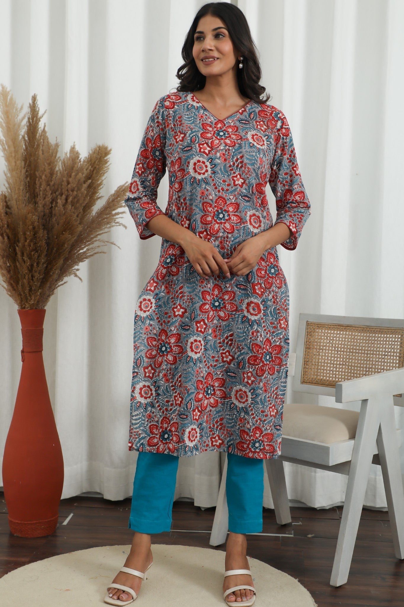 Radiant Vibes ' Azofree Handblock Printed Pure Cotton Kurti - SootiSyahi