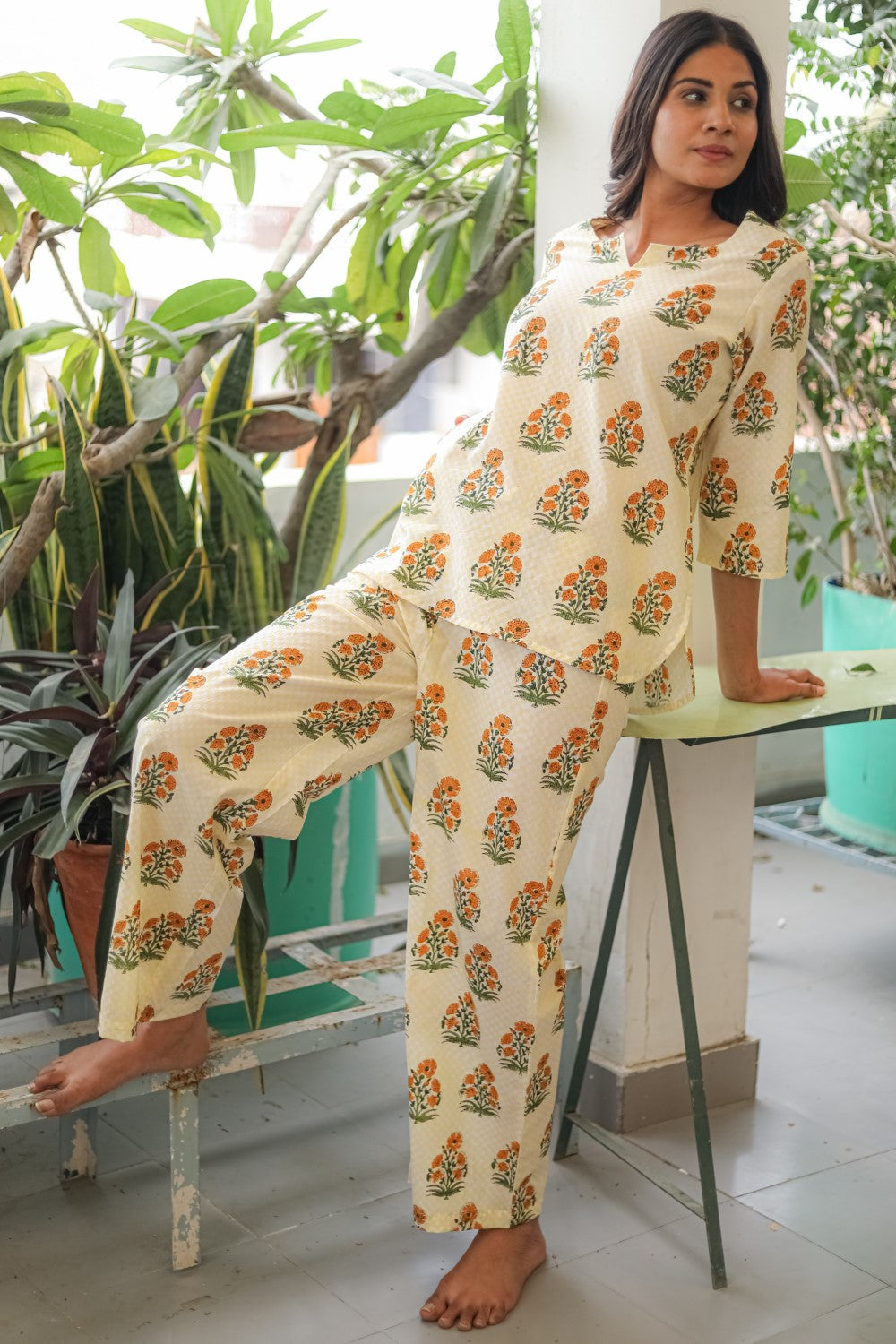 Sootisyahi 'Sunny Meadows' Handblock Printed Pure Cotton Night Suit