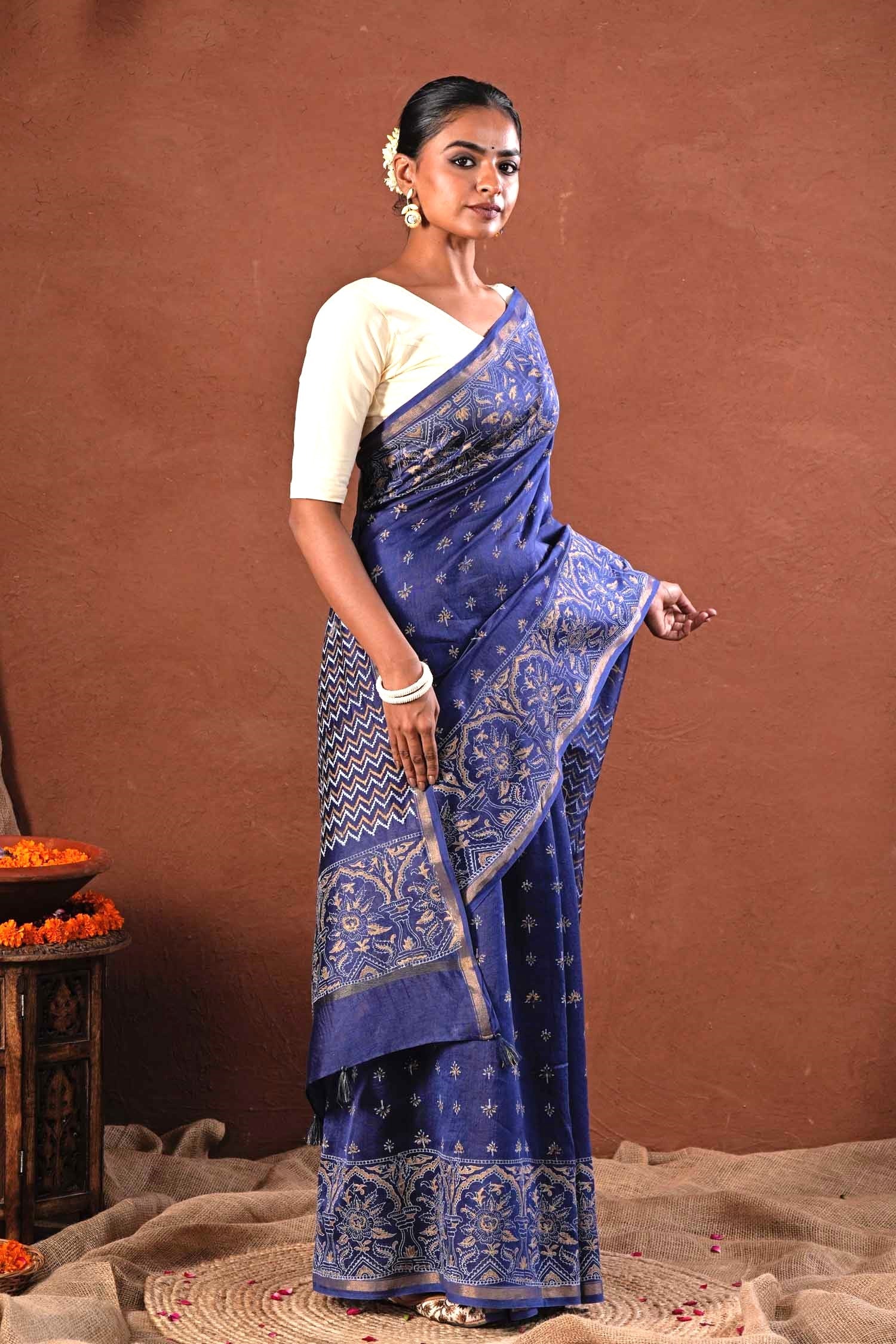 Blue Horizon - Hand Block Printed Chanderi Silk Saree - SootiSyahi