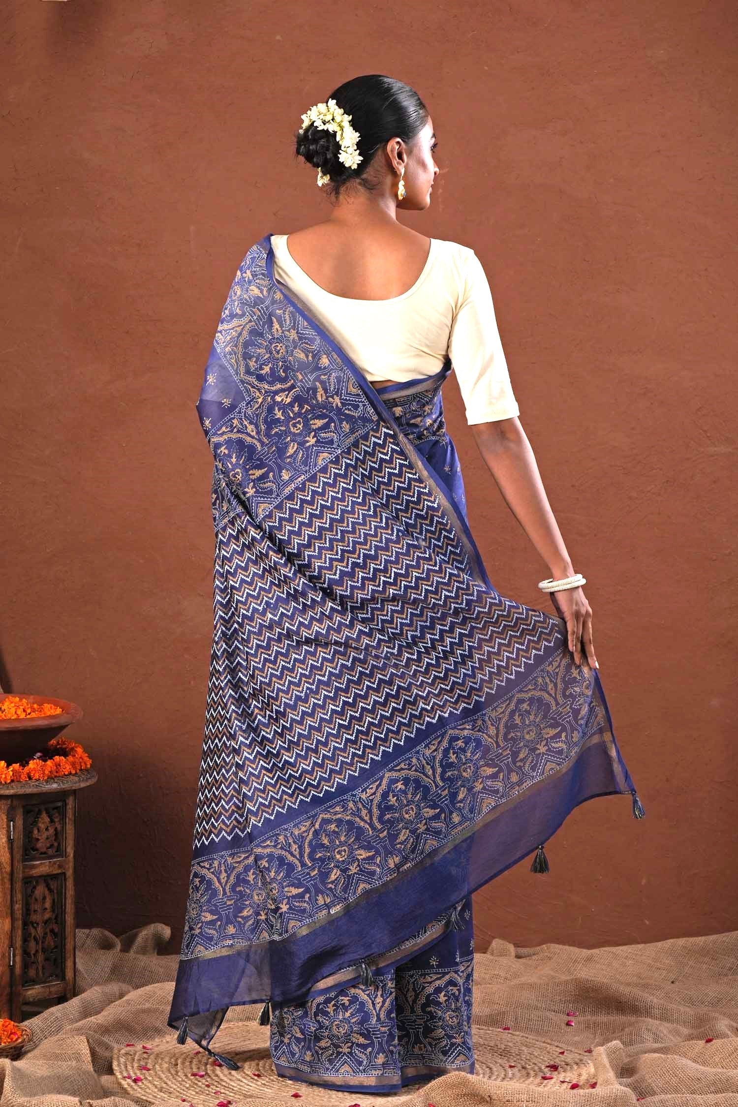 Blue Horizon - Hand Block Printed Chanderi Silk Saree - SootiSyahi