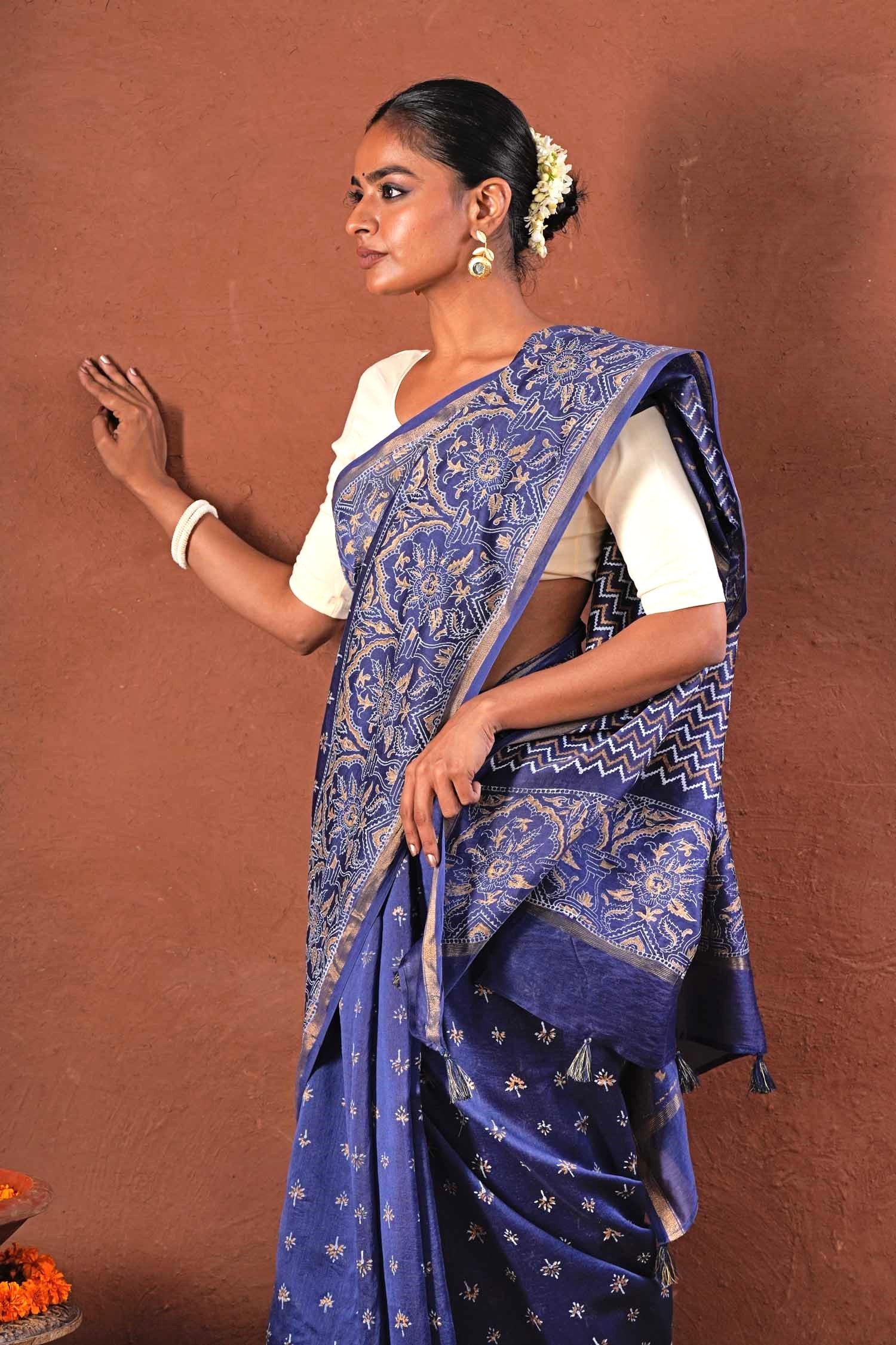 Blue Horizon - Hand Block Printed Chanderi Silk Saree - SootiSyahi