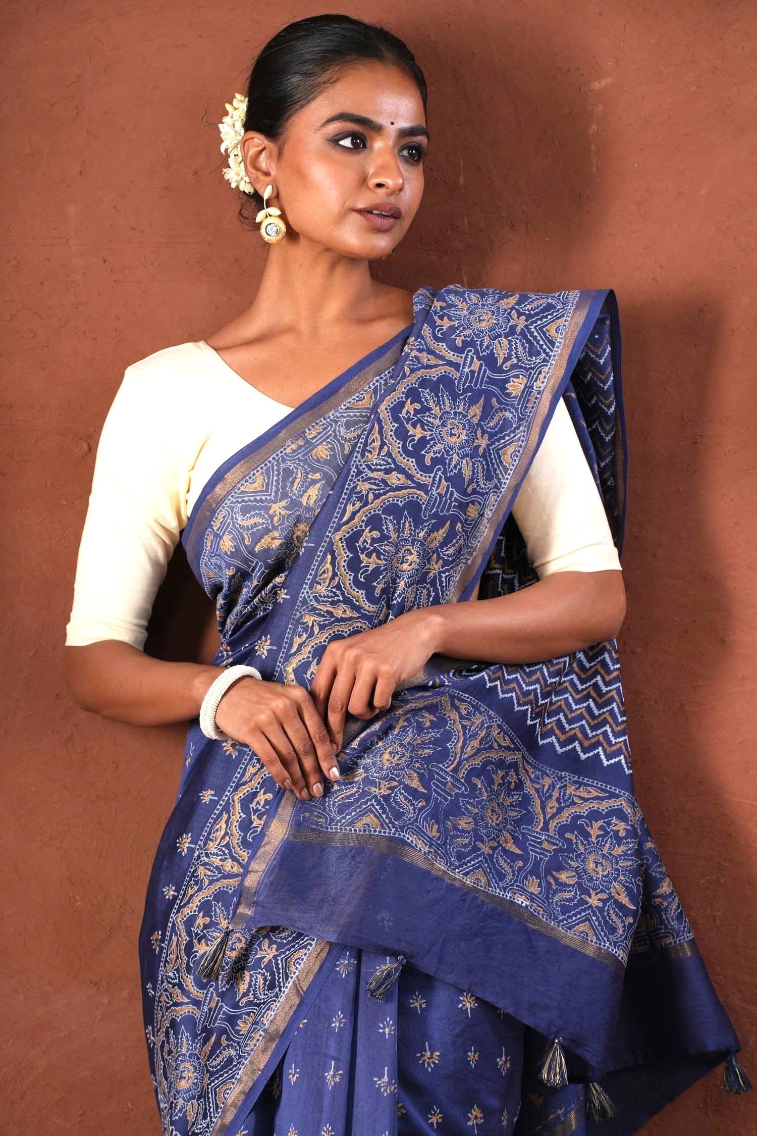 Blue Horizon - Hand Block Printed Chanderi Silk Saree - SootiSyahi
