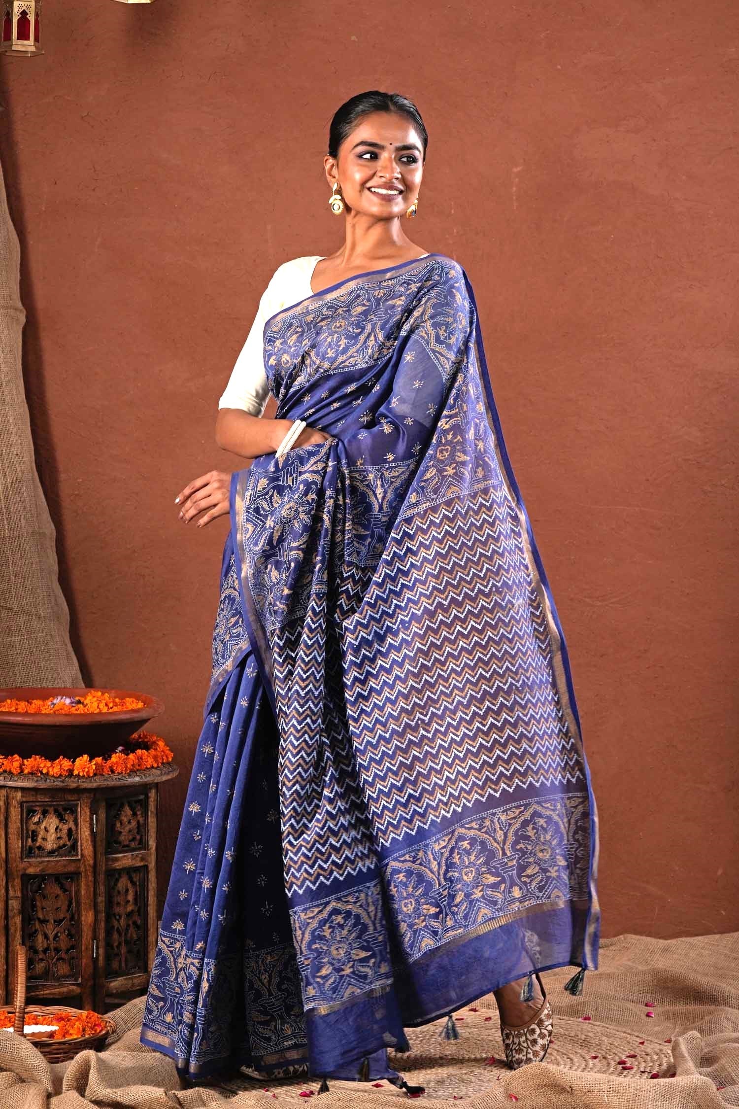 Blue Horizon - Hand Block Printed Chanderi Silk Saree - SootiSyahi