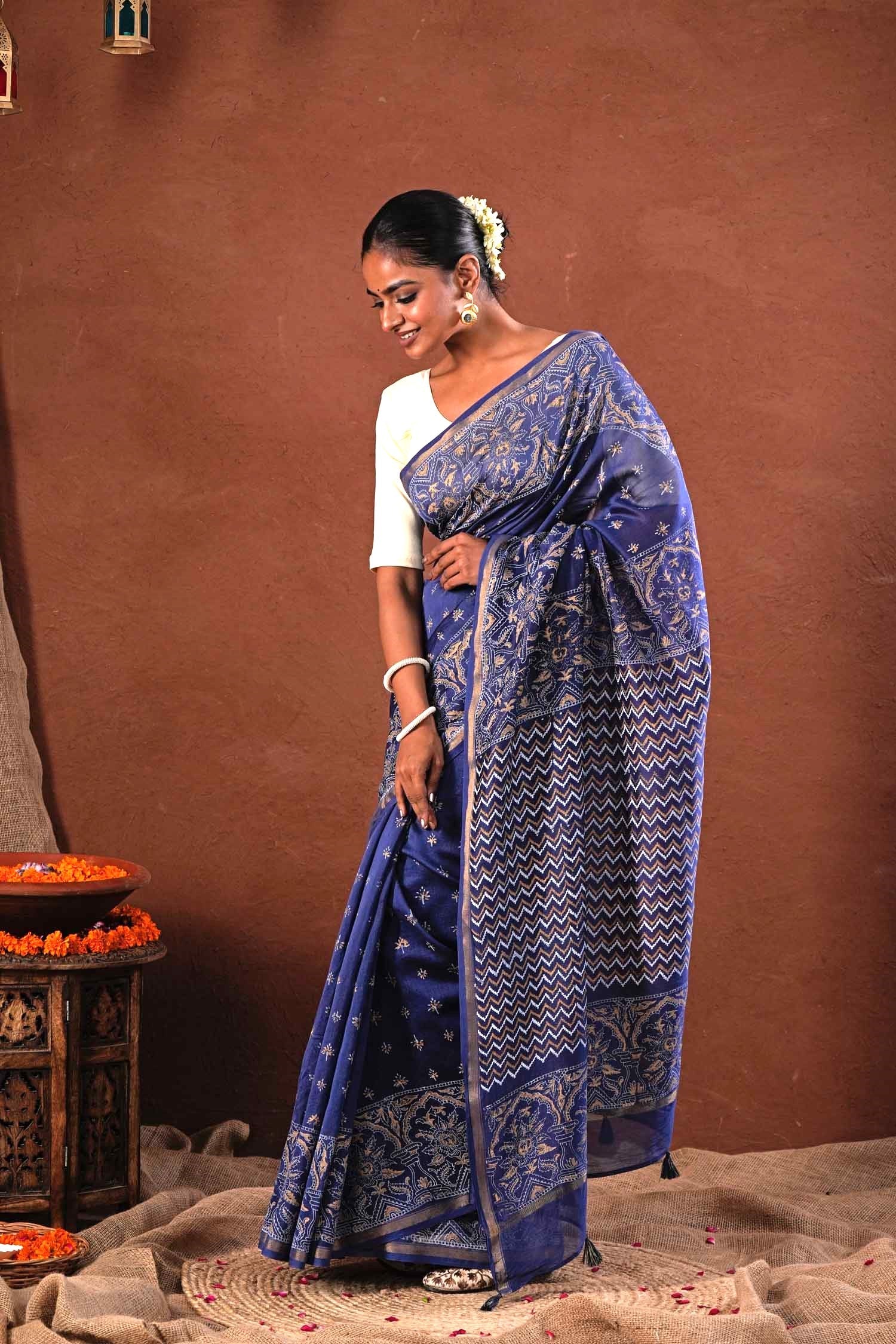 Blue Horizon - Hand Block Printed Chanderi Silk Saree - SootiSyahi