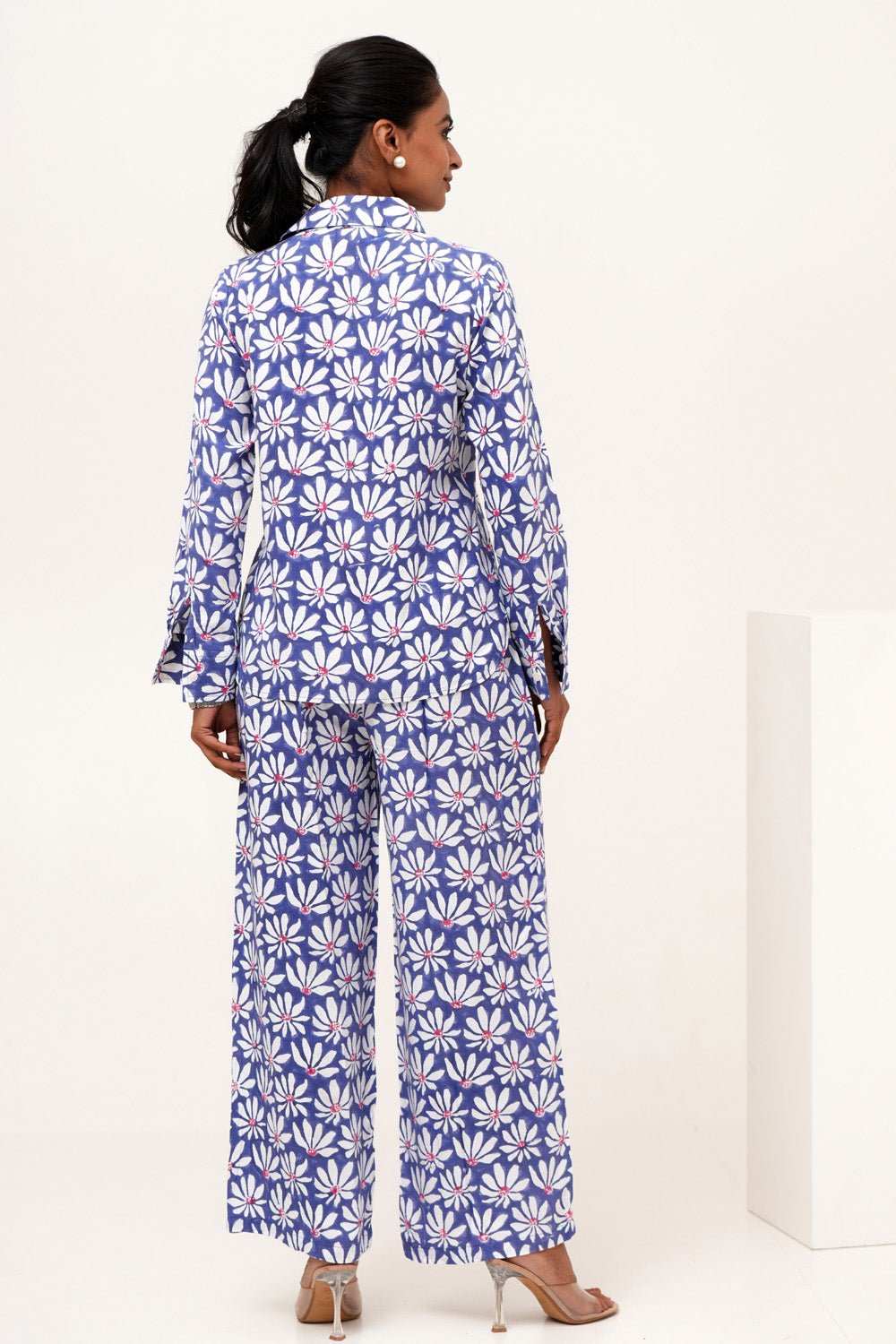 Blue Petal Hand Block Printed Modal Silk Co - Ord Set - SootiSyahi