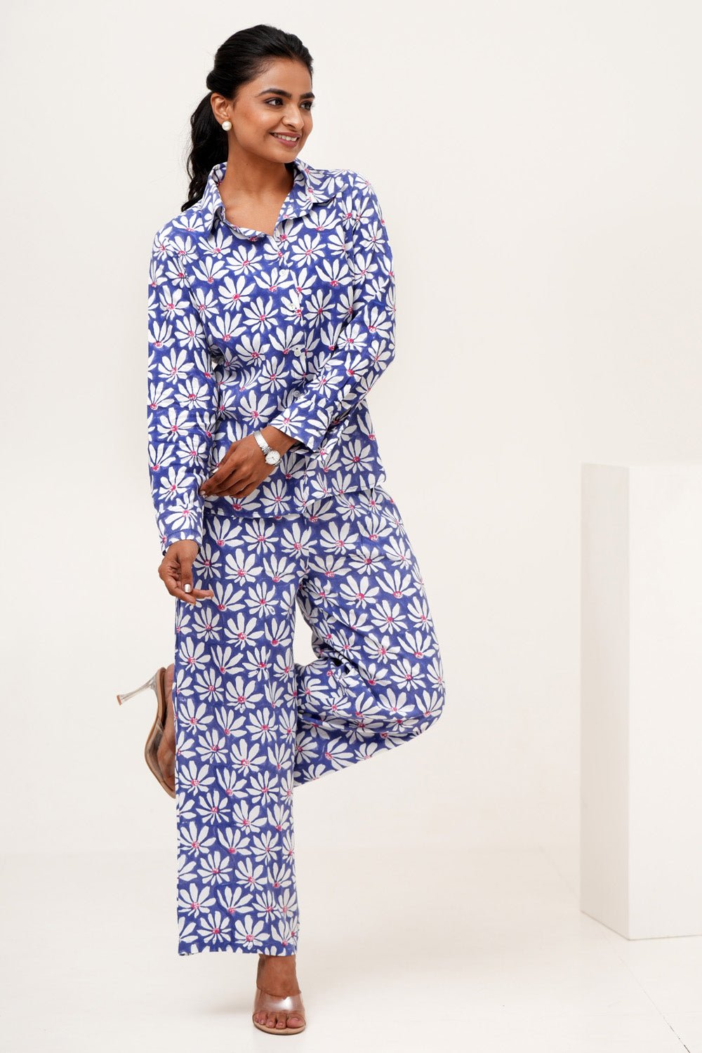 Blue Petal Hand Block Printed Modal Silk Co - Ord Set - SootiSyahi
