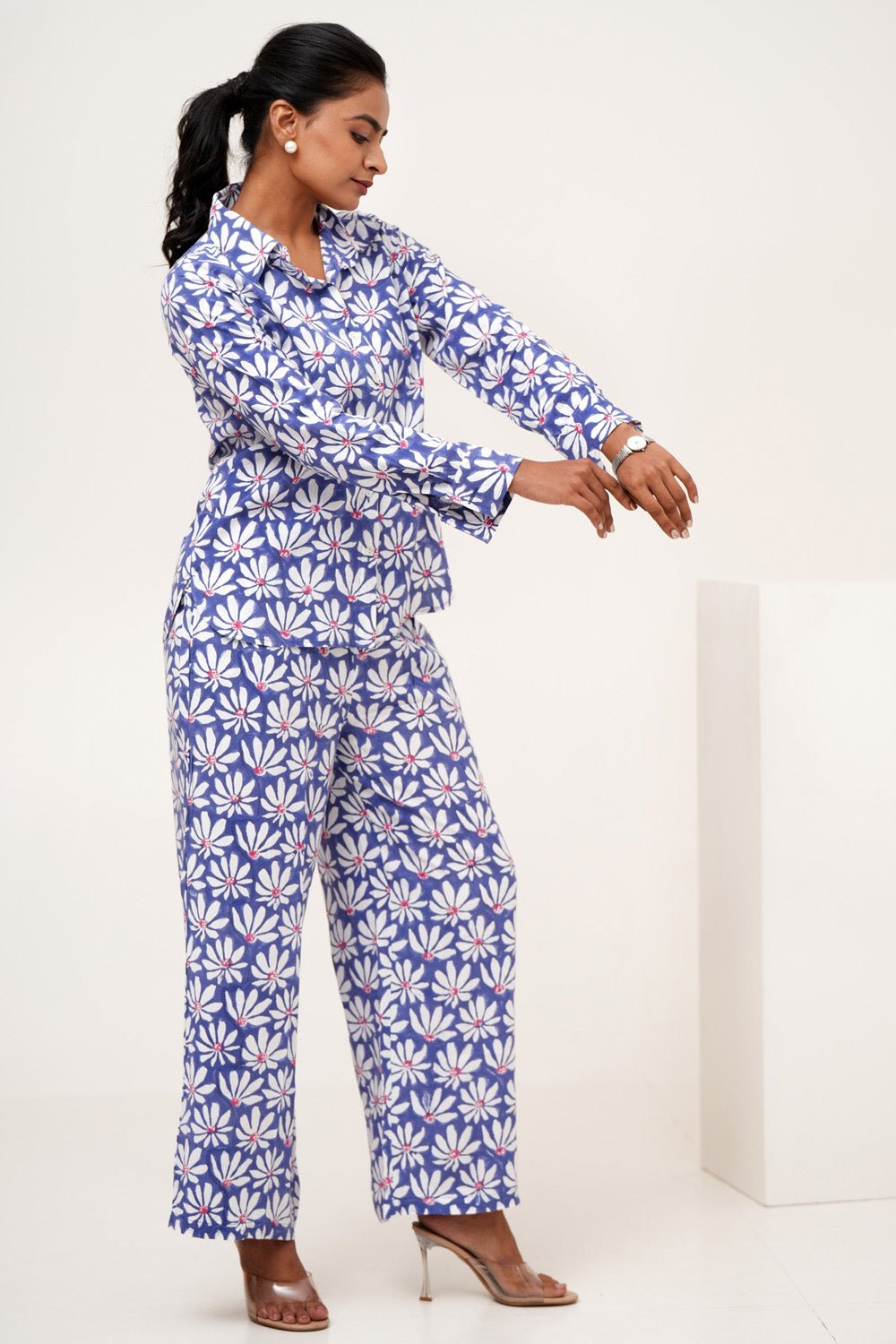 Blue Petal Hand Block Printed Modal Silk Co - Ord Set - SootiSyahi