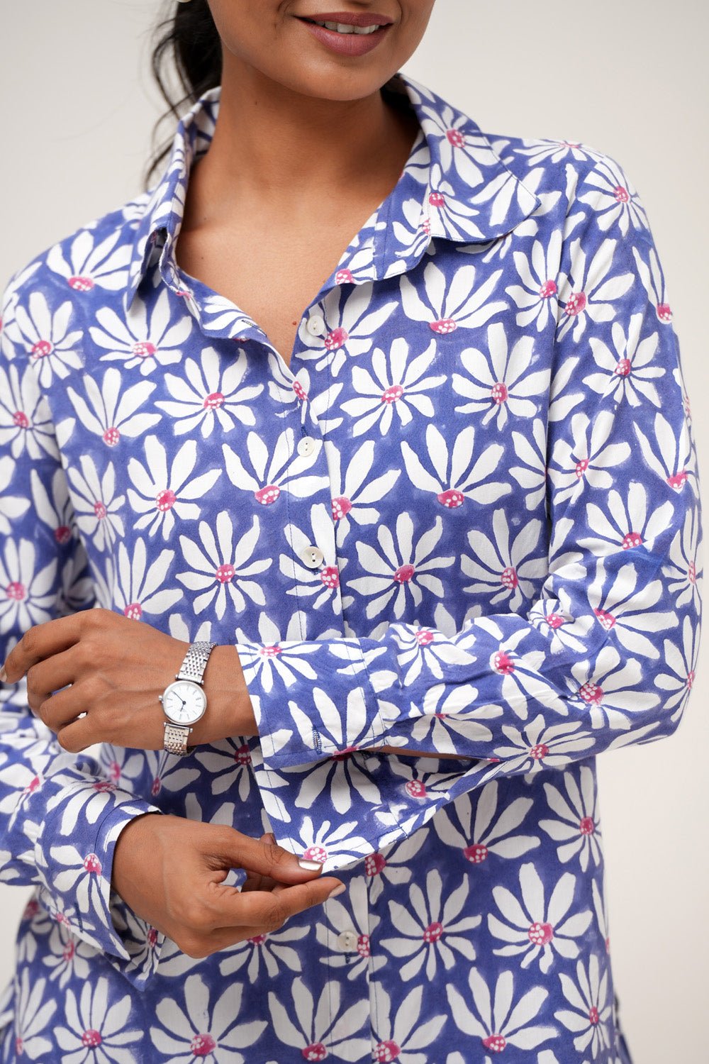 Blue Petal Hand Block Printed Modal Silk Co - Ord Set - SootiSyahi