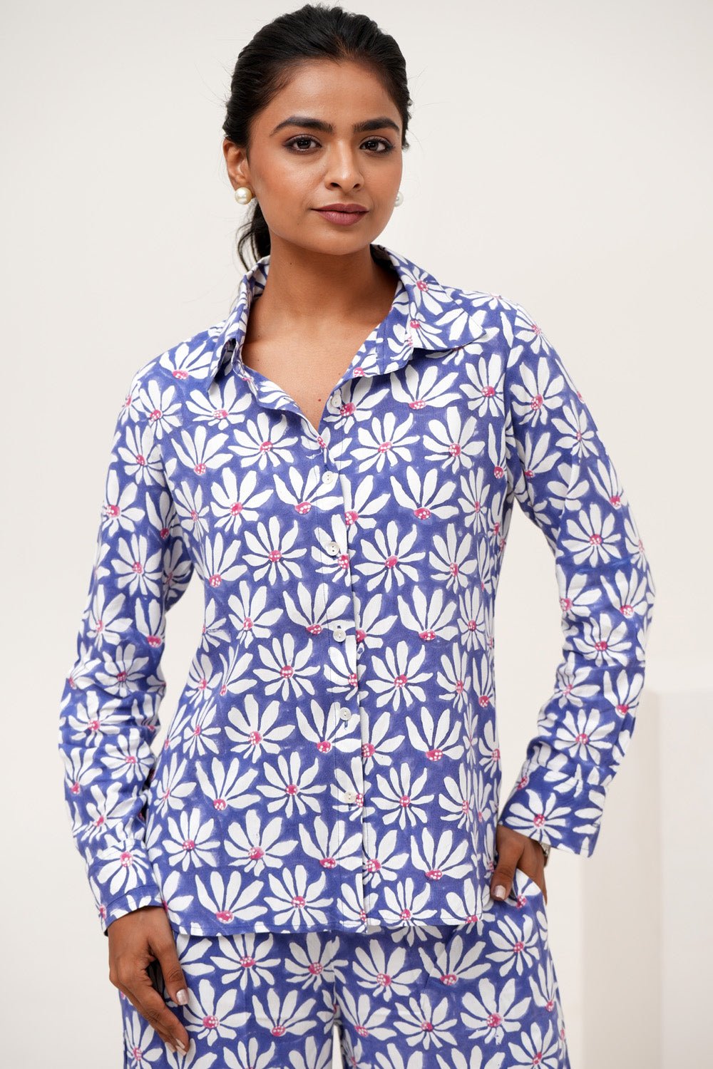 Blue Petal Hand Block Printed Modal Silk Co - Ord Set - SootiSyahi