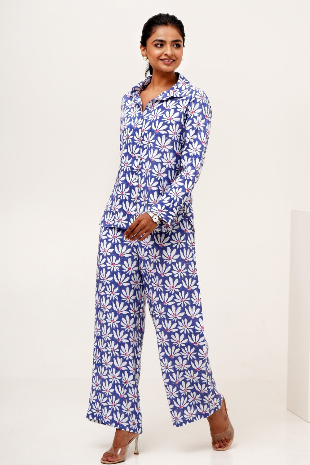 Blue Petal Hand Block Printed Modal Silk Co - Ord Set - SootiSyahi