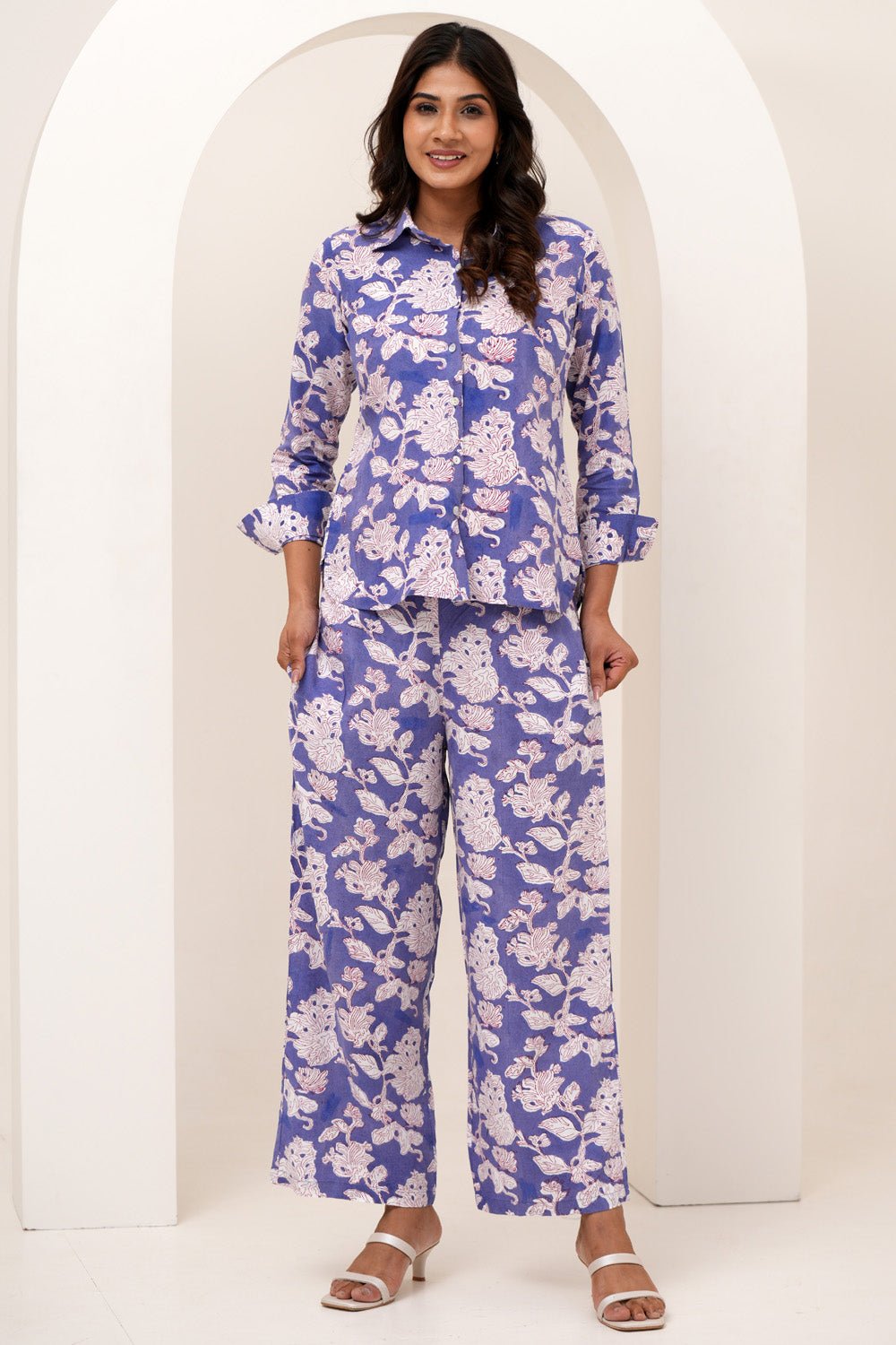 Floral Fantasy Hand Block Printed Modal Silk Co - Ord Set - SootiSyahi