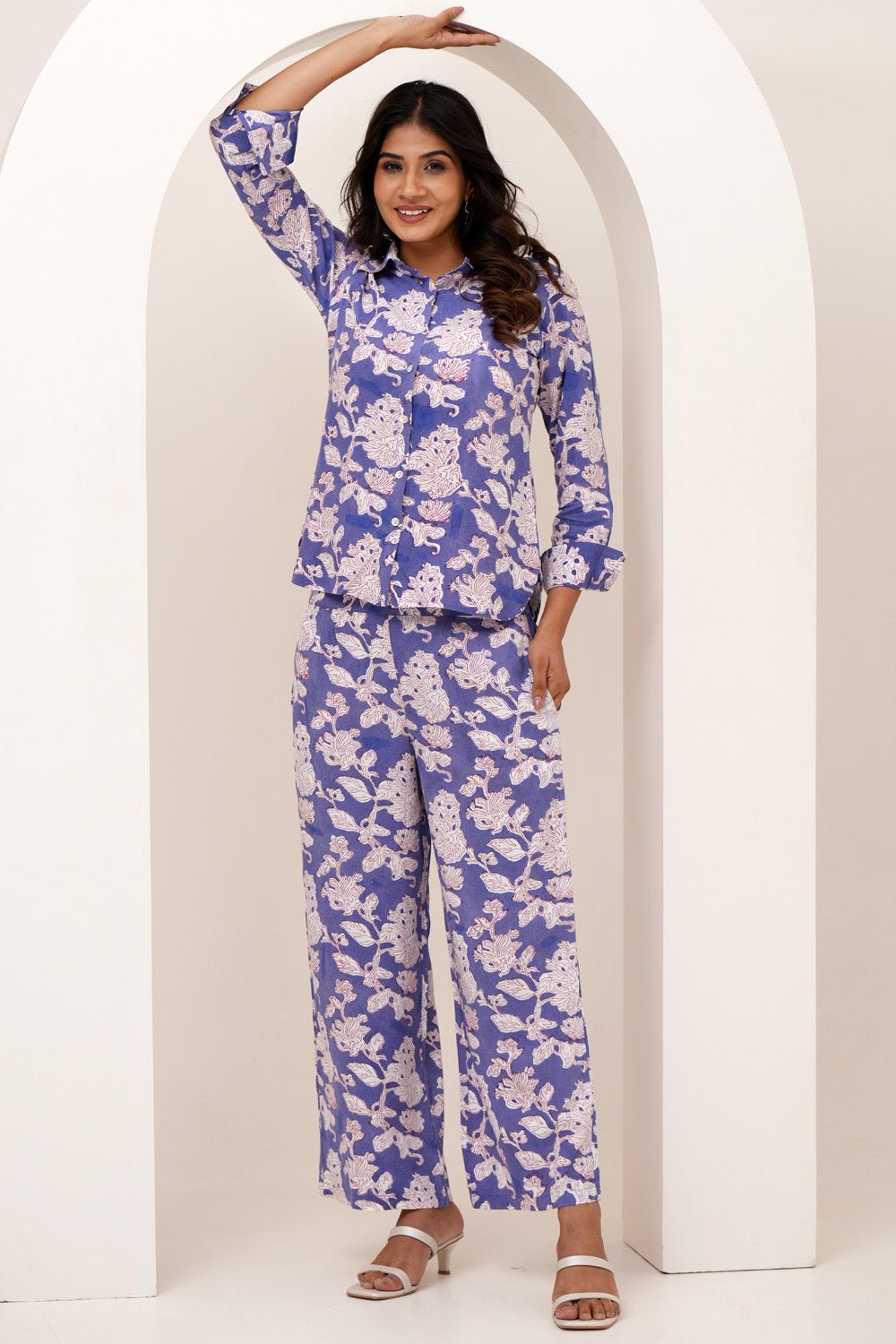 Floral Fantasy Hand Block Printed Modal Silk Co - Ord Set - SootiSyahi