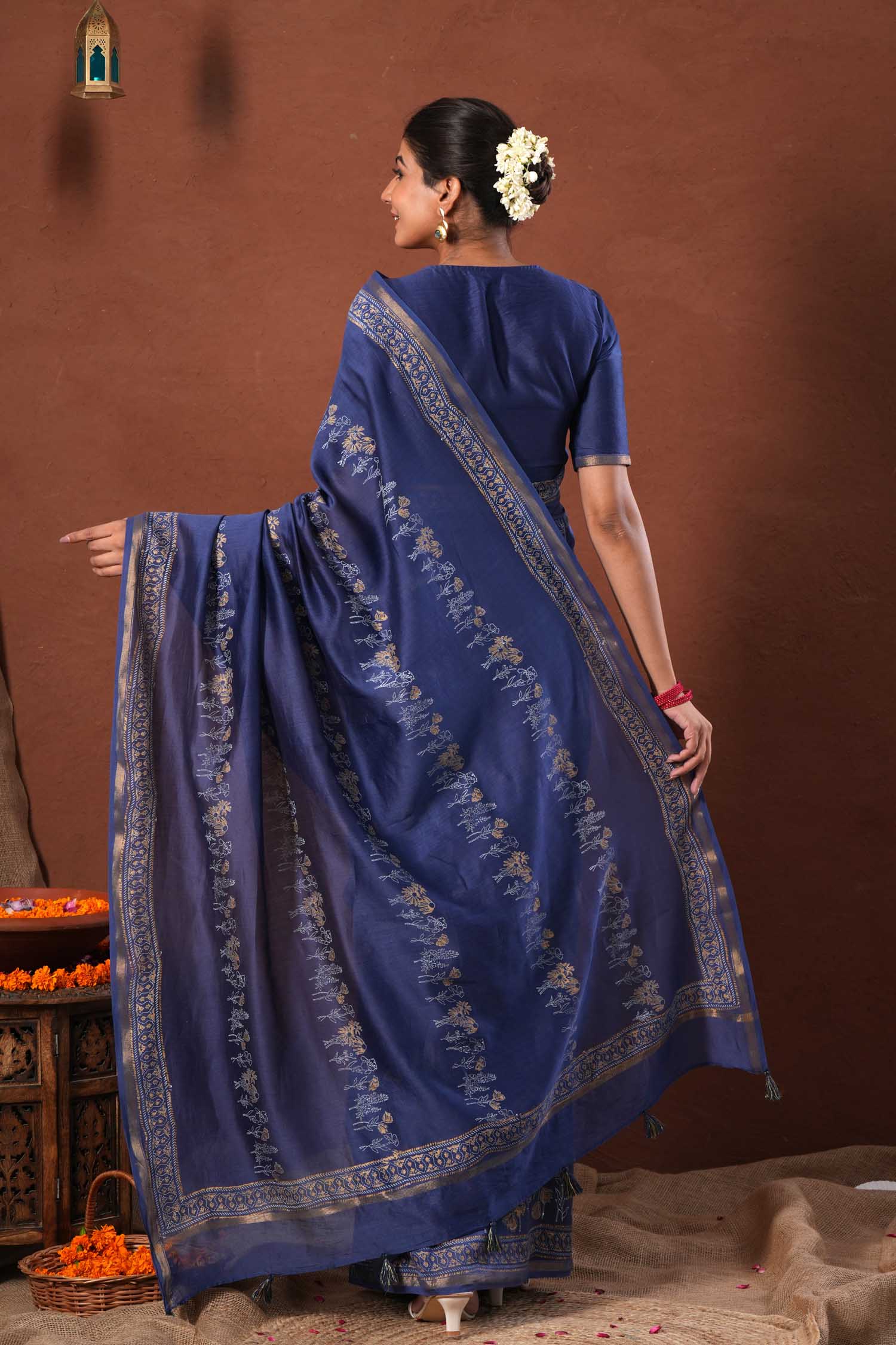 Golden Azure - Hand Block Printed Chanderi Silk Saree - SootiSyahi