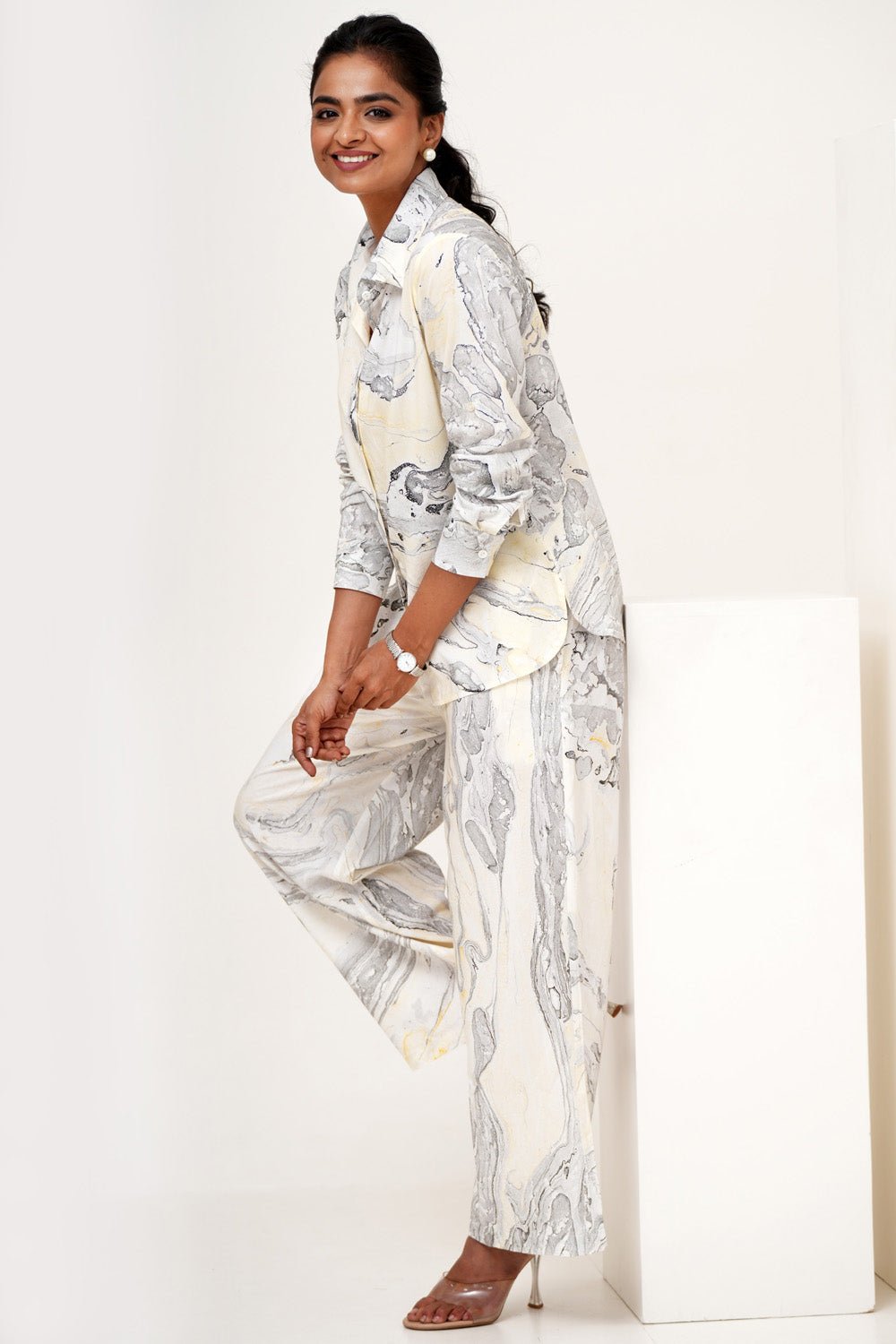 Lunar Marble Hand Marble Printed Modal Silk Co - Ord Set - SootiSyahi