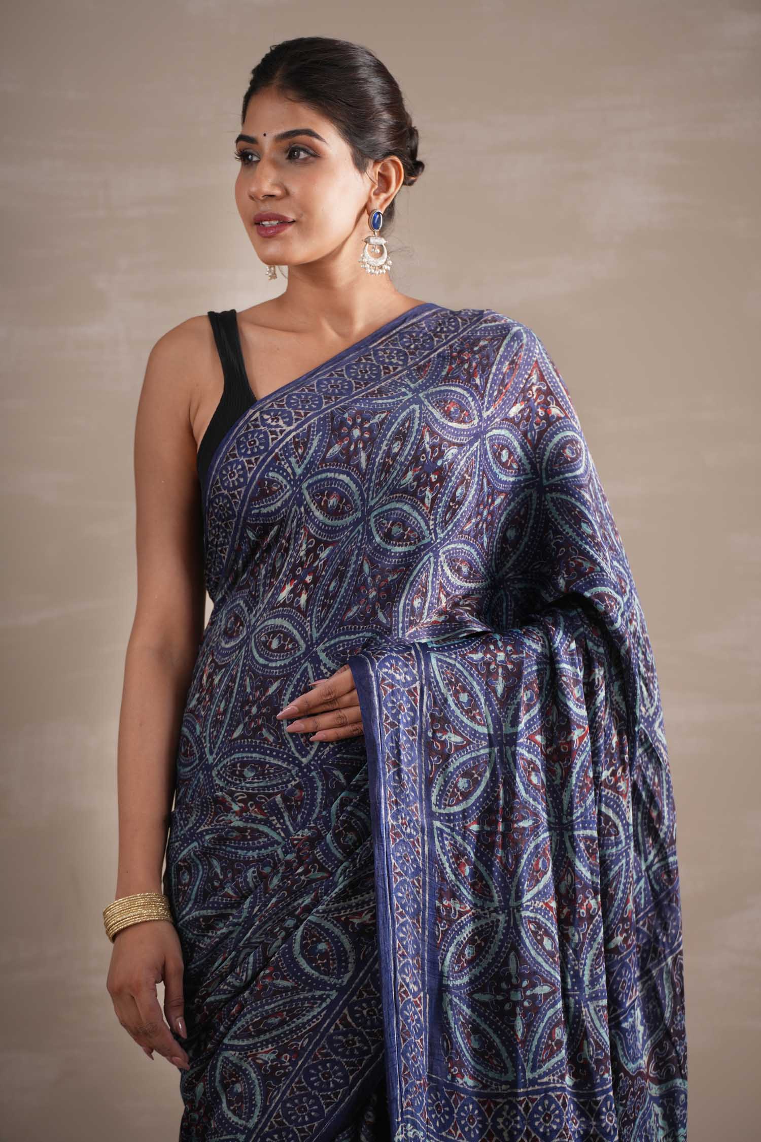 Marine Mirage Hand Block Printed Modal Tissue Saree - SootiSyahi