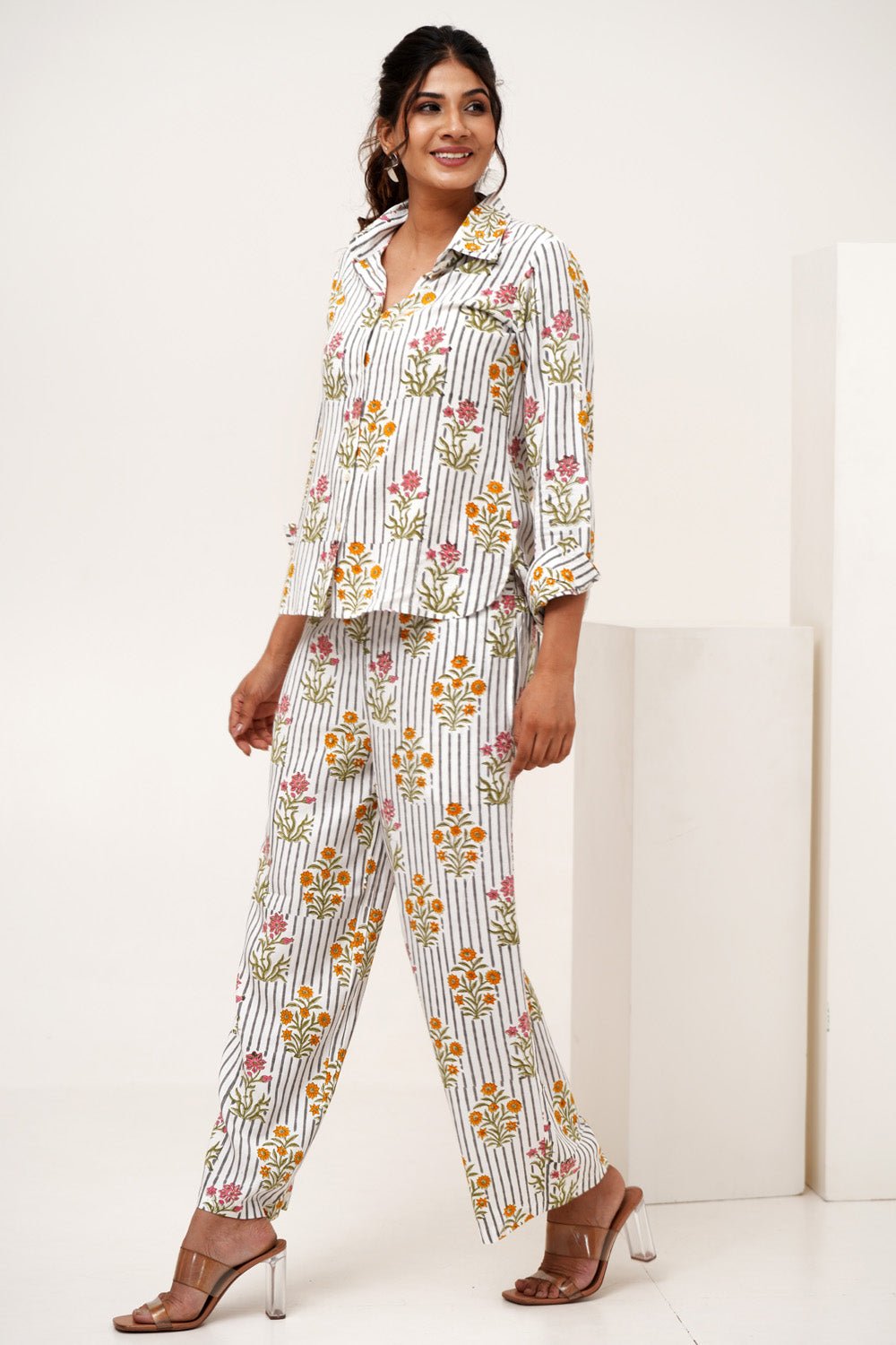 Melody Cascade Hand Block Printed Modal Silk Co - Ord Set - SootiSyahi