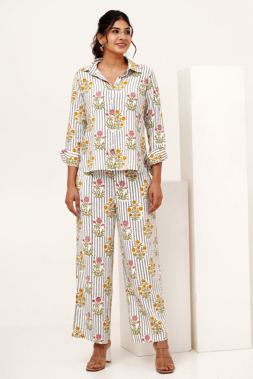 Melody Cascade Hand Block Printed Modal Silk Co - Ord Set - SootiSyahi