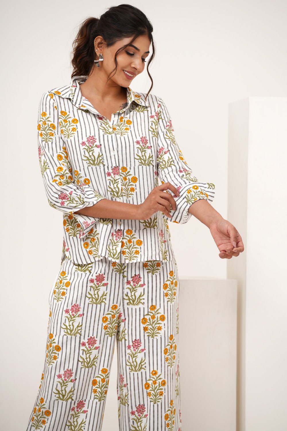 Melody Cascade Hand Block Printed Modal Silk Co - Ord Set - SootiSyahi